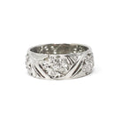 Diamond Cigar Band - Vintage 14k White Gold .53 CTW Wide Pierced Flower Ring - Mid Century Circa 1950s Era Size 6 1/4 Unisex Fine Jewelry