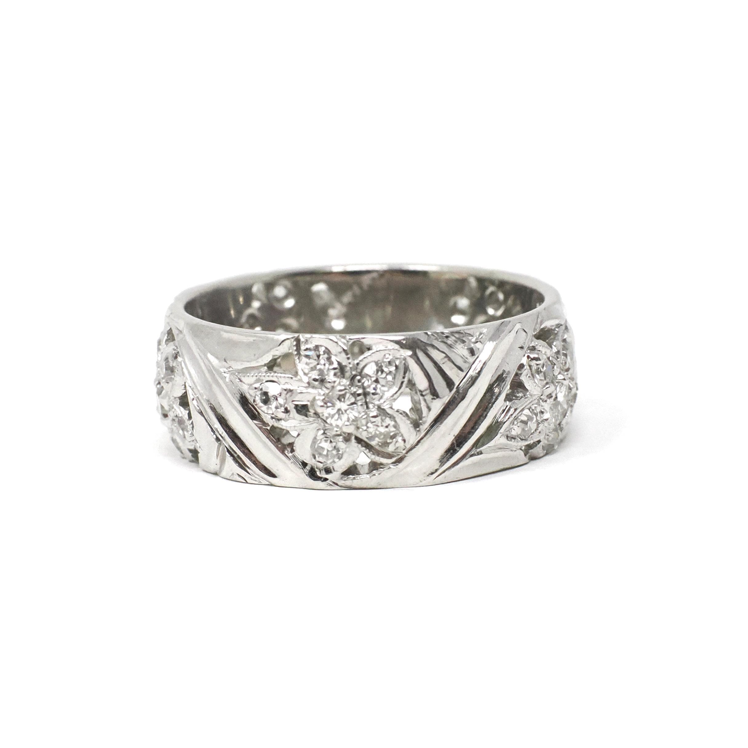 Diamond Cigar Band - Vintage 14k White Gold .53 CTW Wide Pierced Flower Ring - Mid Century Circa 1950s Era Size 6 1/4 Unisex Fine Jewelry