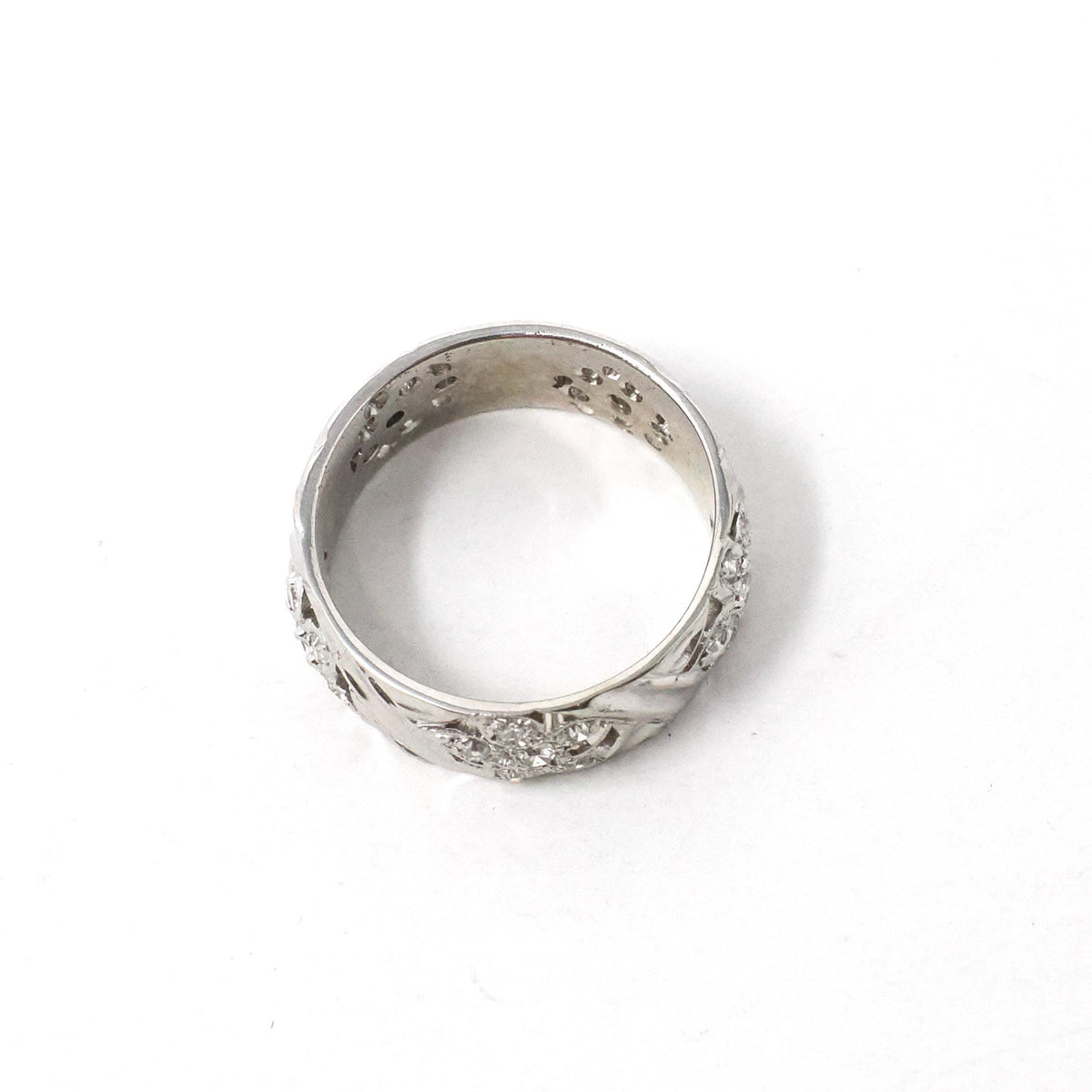Diamond Cigar Band - Vintage 14k White Gold .53 CTW Wide Pierced Flower Ring - Mid Century Circa 1950s Era Size 6 1/4 Unisex Fine Jewelry