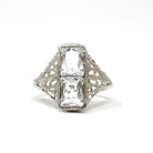 Vintage Aquamarine Ring - Art Deco 14k White Gold Natural Blue Hourglass Stacked Gemstones - Circa 1930s Era Size 6.5 Filigree Fine Jewelry