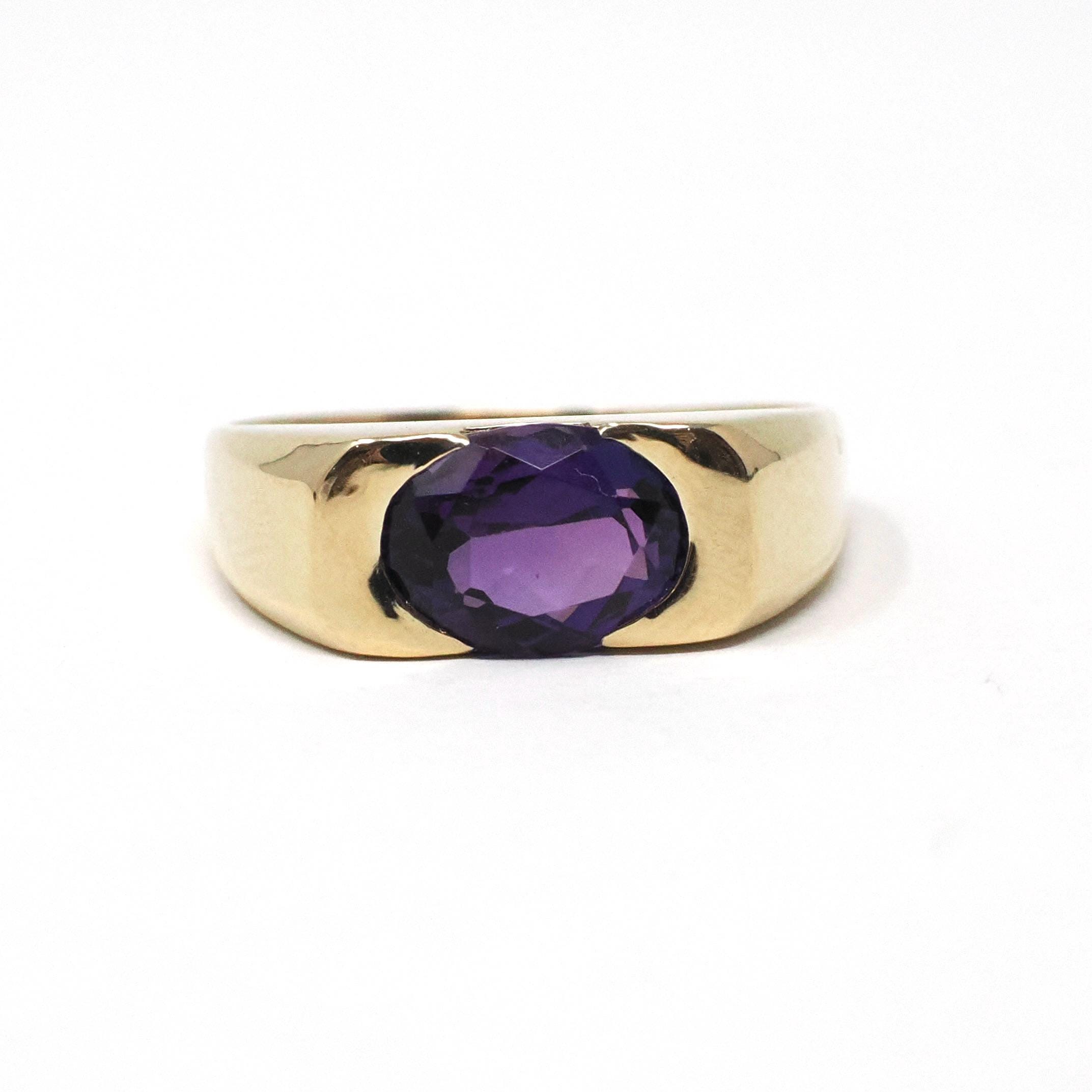Modern Amethyst Ring - Estate 14k Yellow Gold Natural Purple Gemstone East West Half Bezel - 2000s Era Size 7.75 February Birthstone Jewelry