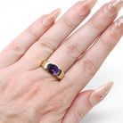 Modern Amethyst Ring - Estate 14k Yellow Gold Natural Purple Gemstone East West Half Bezel - 2000s Era Size 7.75 February Birthstone Jewelry
