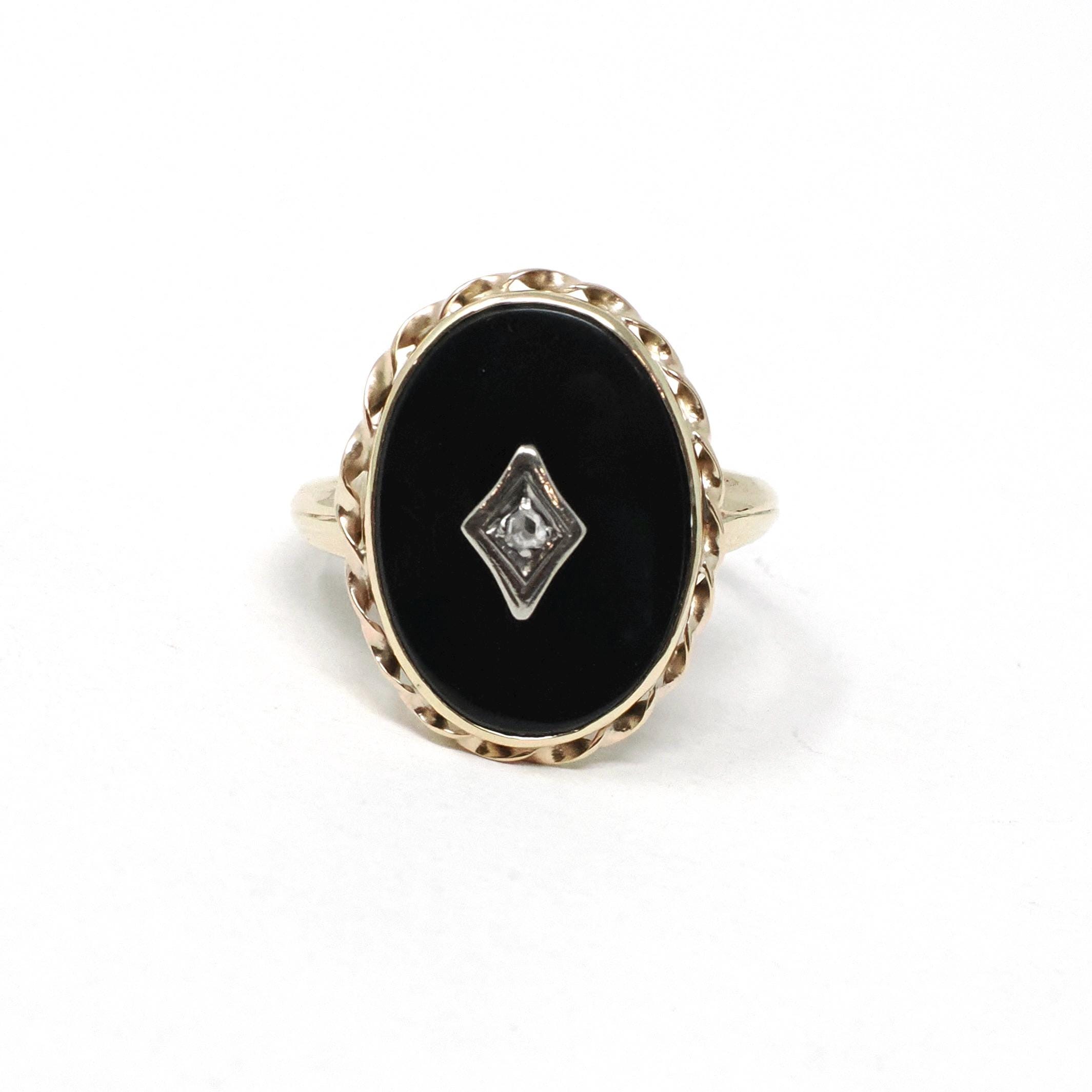 Vintage Onyx Ring - Mid Century 10k Two Tone Gold Oval Black Chalcedony & Natural Diamond - Circa 1940s Era Size 7 Statement Fine Jewelry
