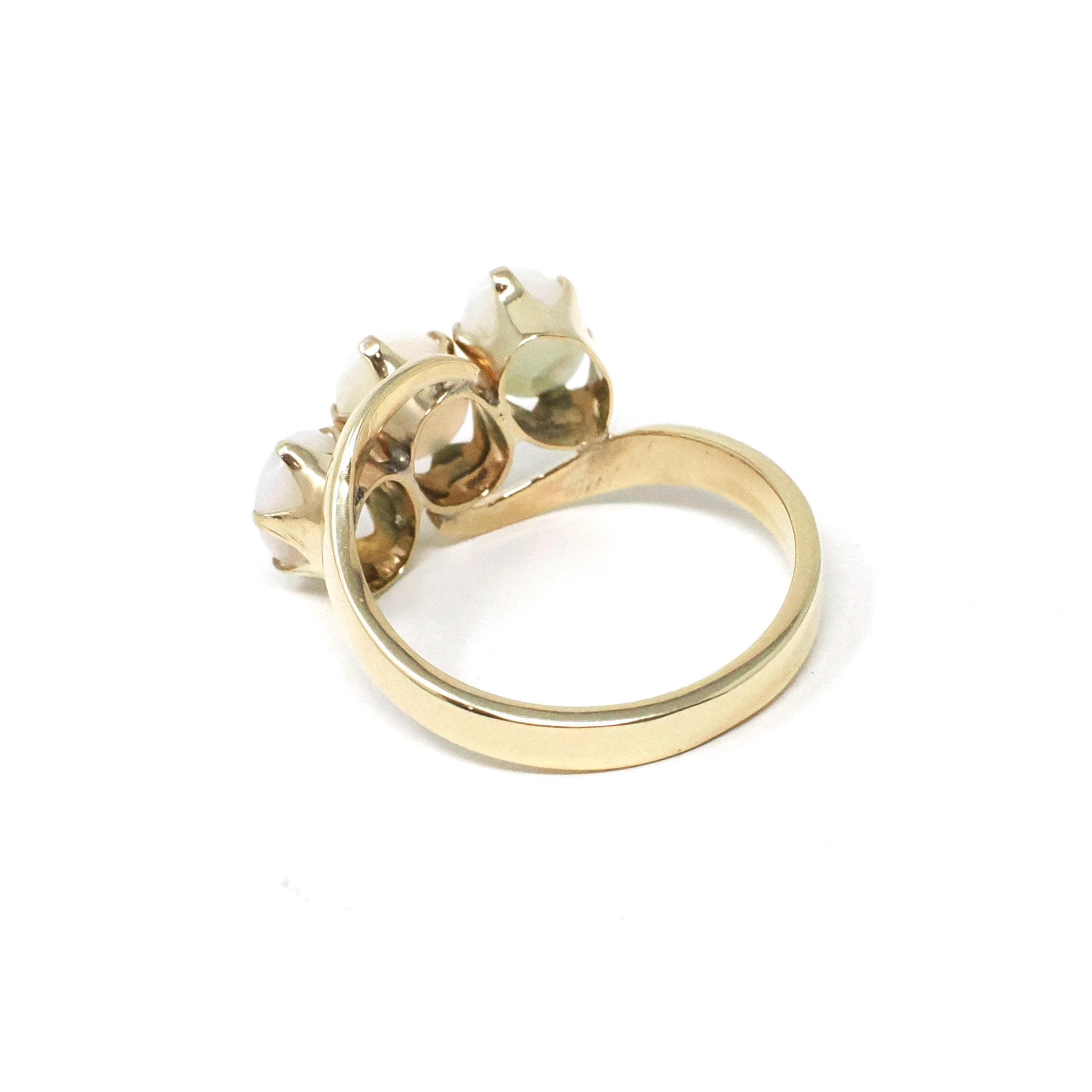 Opal Bypass Ring - Vintage 10k Yellow Gold Natural Cabochon Cut Three Gemstone Band - Modern Estate Size 5 3/4 October Birthstone Jewelry