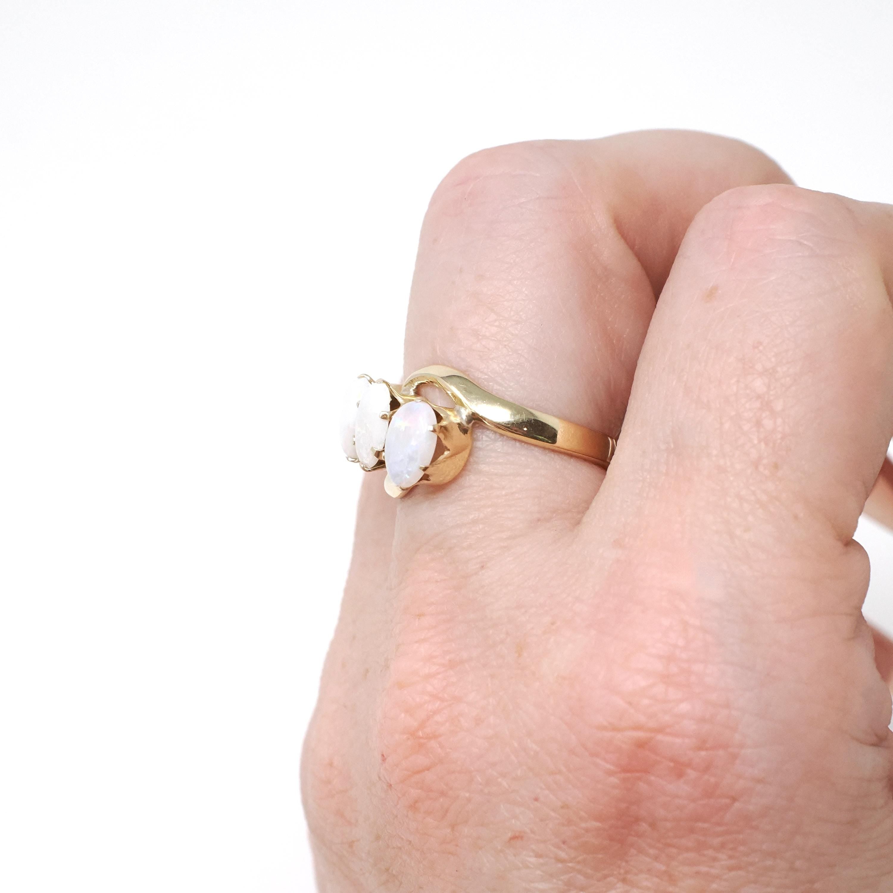 Opal Bypass Ring - Vintage 10k Yellow Gold Natural Cabochon Cut Three Gemstone Band - Modern Estate Size 5 3/4 October Birthstone Jewelry