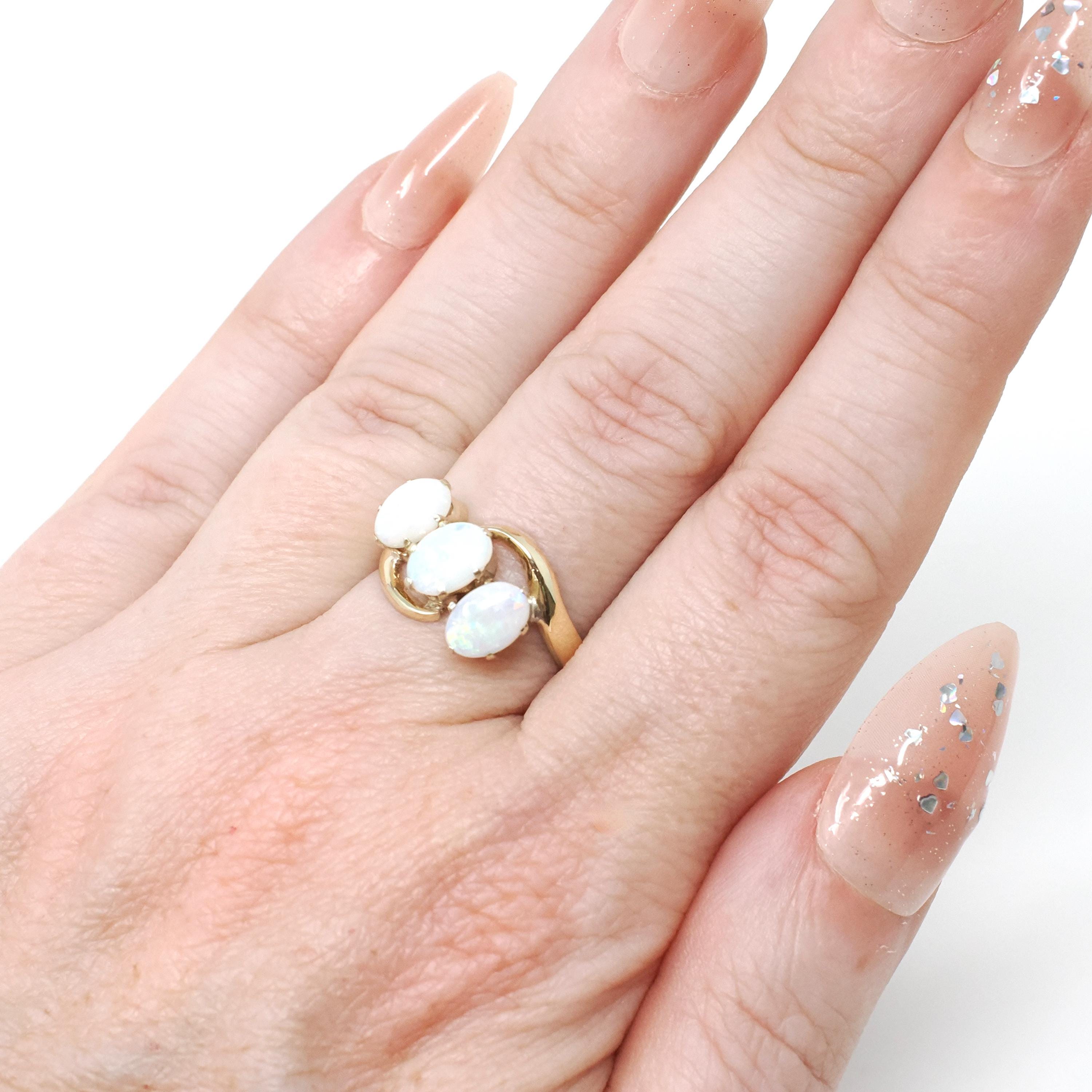Opal Bypass Ring - Vintage 10k Yellow Gold Natural Cabochon Cut Three Gemstone Band - Modern Estate Size 5 3/4 October Birthstone Jewelry