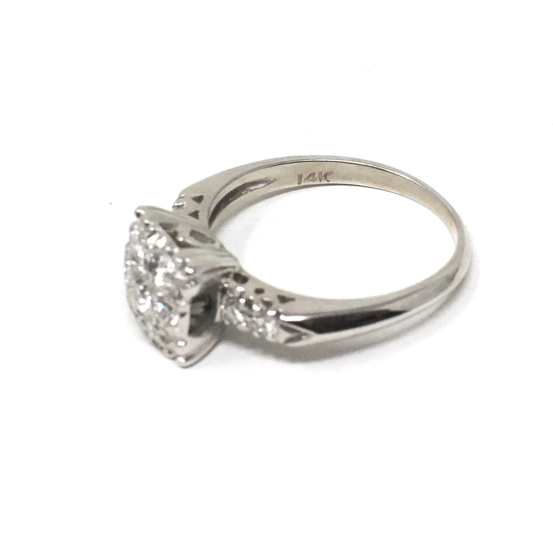 Diamond Cluster Ring - Mid Century 14k White Gold 1/2 CTW Natural Gemstones - Vintage Circa 1950s Era Size 5 3/4 Cocktail Fine Halo Jewelry