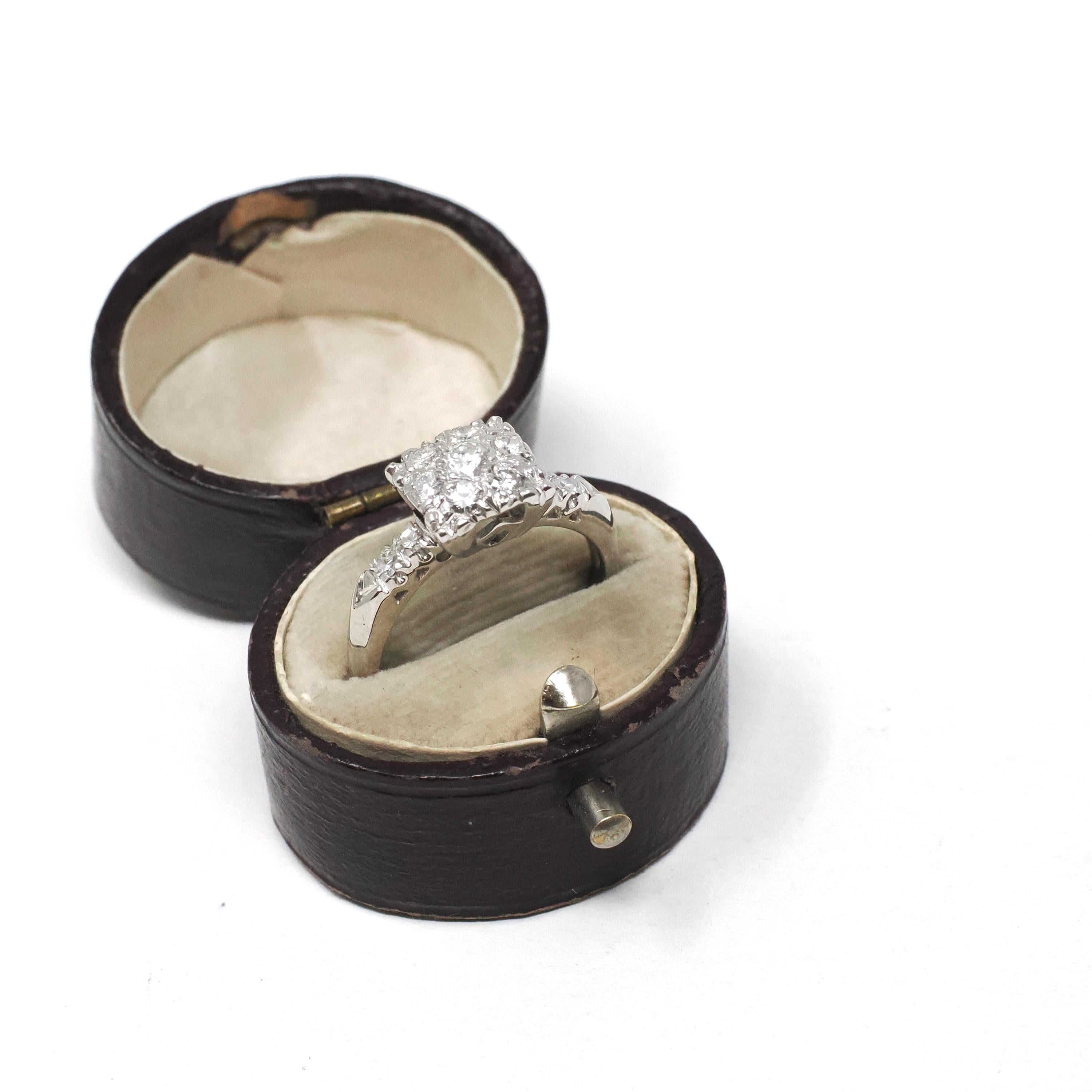 Diamond Cluster Ring - Mid Century 14k White Gold 1/2 CTW Natural Gemstones - Vintage Circa 1950s Era Size 5 3/4 Cocktail Fine Halo Jewelry