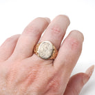 Edwardian Signet Ring - Antique 10k Rosy Yellow Gold Script Initial M Engraved Monogram - Art Nouveau 1910's Era Size 12 Fine Scroll Jewelry
