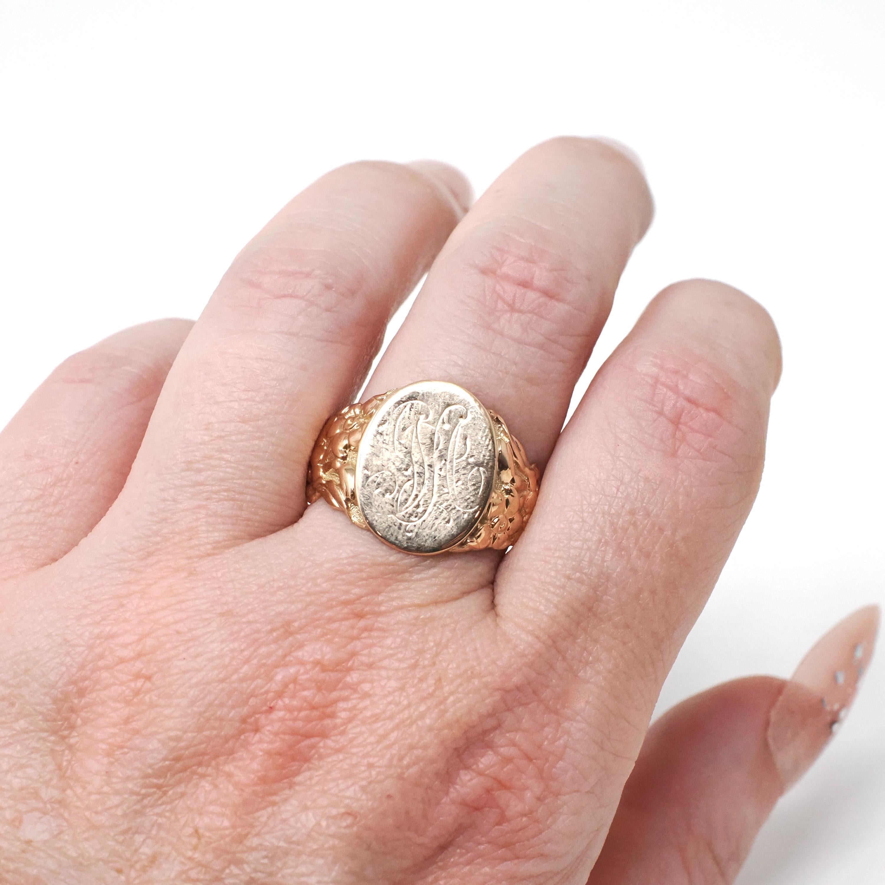 Edwardian Signet Ring - Antique 10k Rosy Yellow Gold Script Initial M Engraved Monogram - Art Nouveau 1910's Era Size 12 Fine Scroll Jewelry
