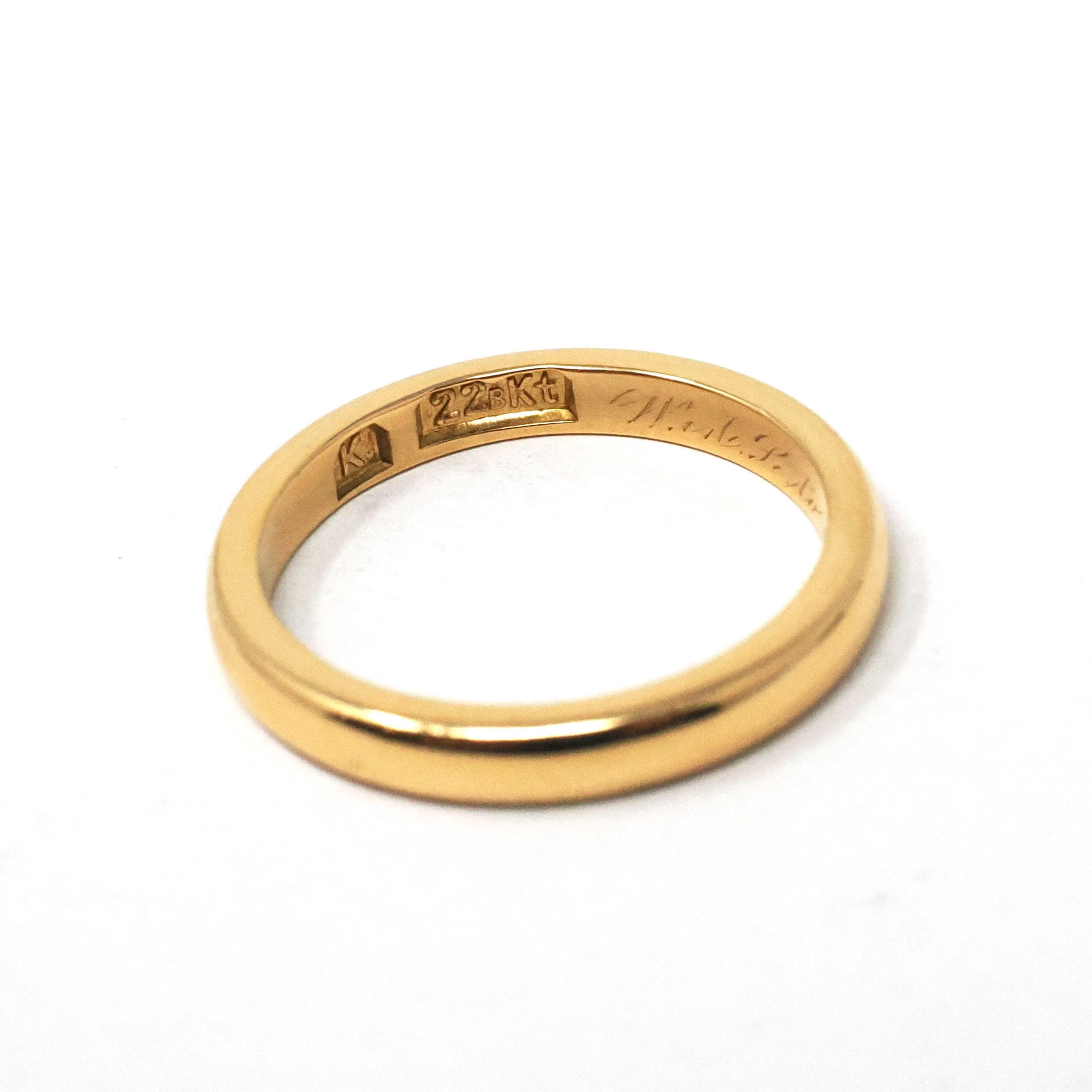Edwardian Era Ring - Antique 22k Yellow Gold Unadorned 2.6MM Wedding Band - Dated May-31-1905 Size 6 Half Round Engraved Fine Bridal Jewelry
