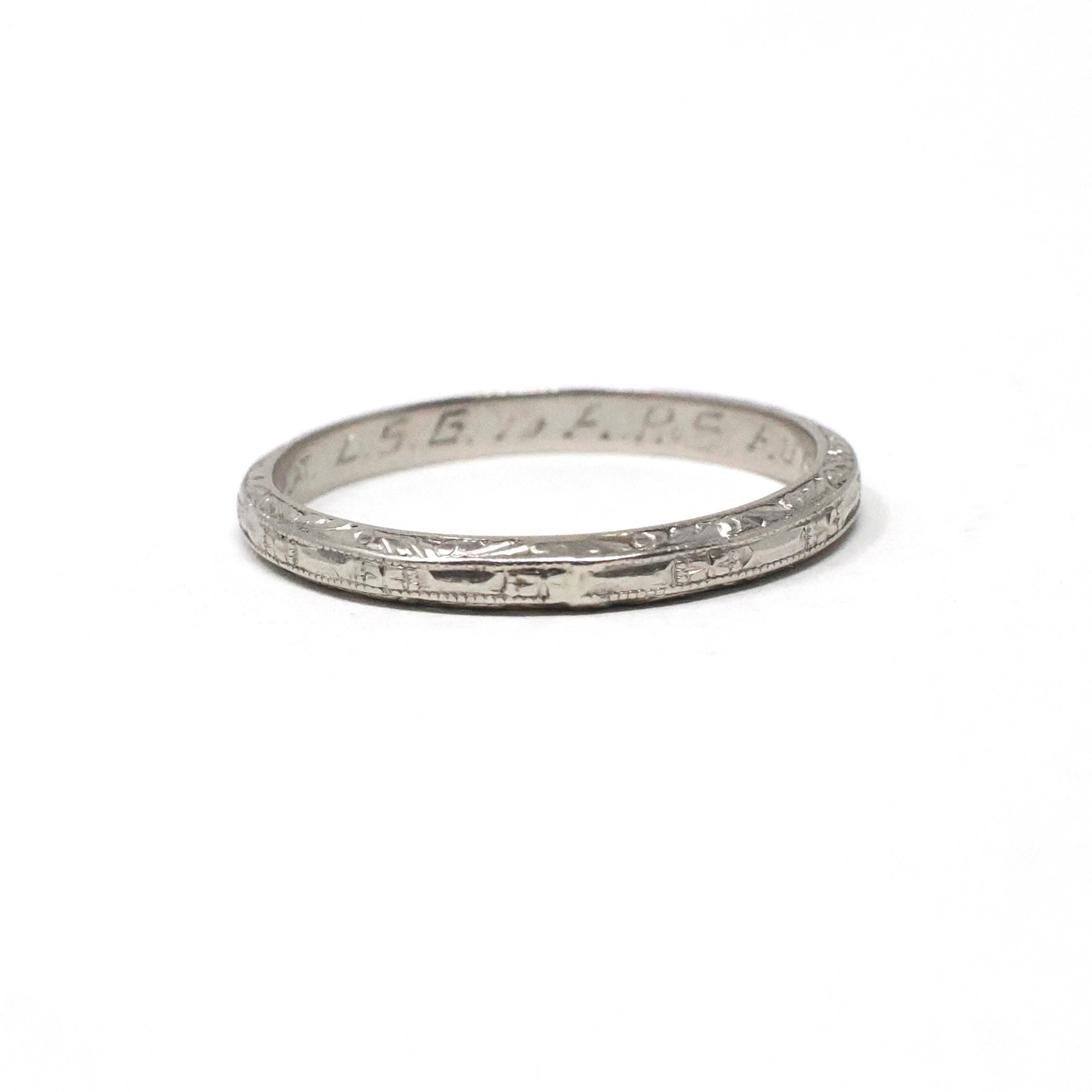 Vintage Wedding Band - Art Deco Era Platinum Engraved Flower Milgrain 2.1 MM Eternity Ring - Dated 1937 Size 4.75 Bridal Floral Fine Jewelry