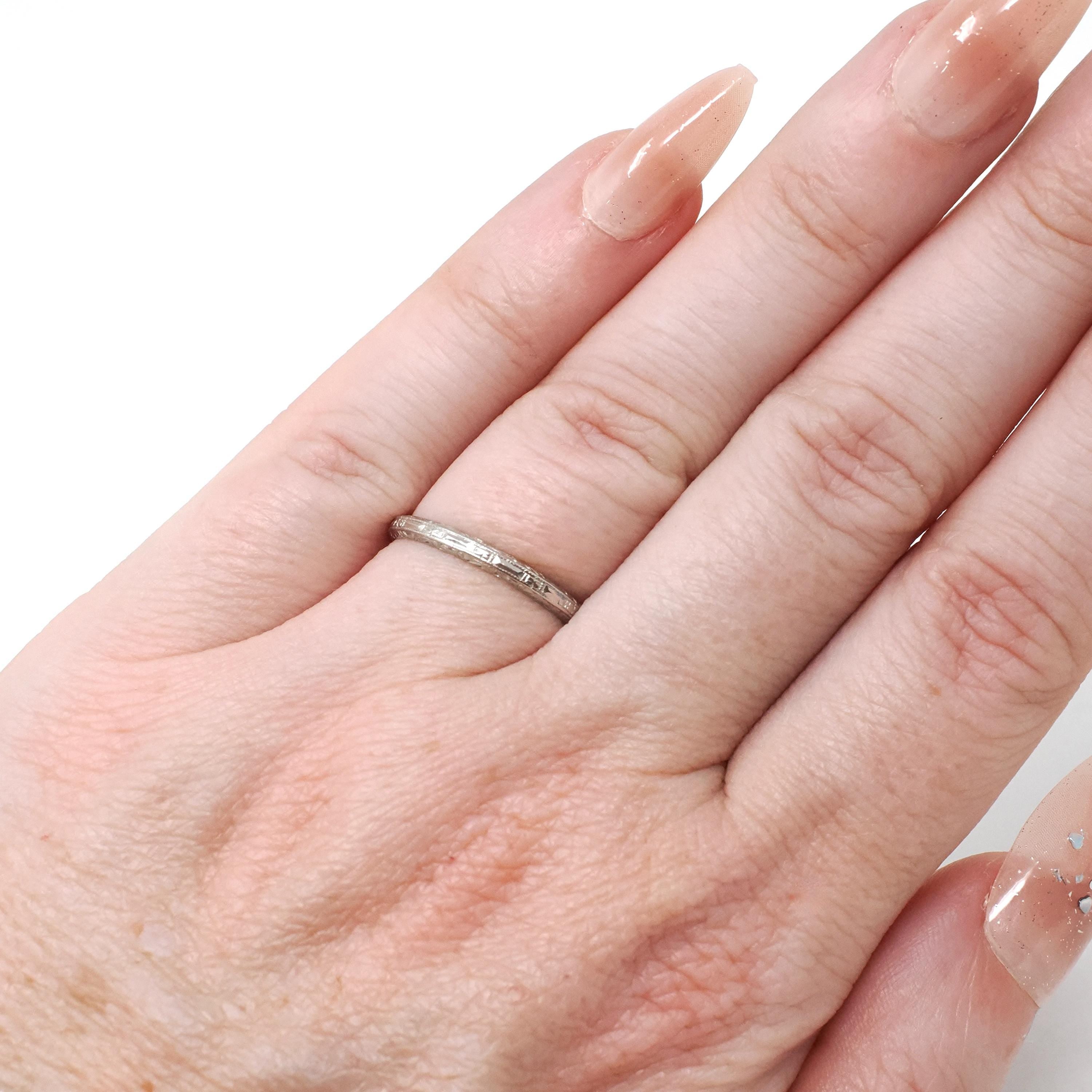 Vintage Wedding Band - Art Deco Era Platinum Engraved Flower Milgrain 2.1 MM Eternity Ring - Dated 1937 Size 4.75 Bridal Floral Fine Jewelry