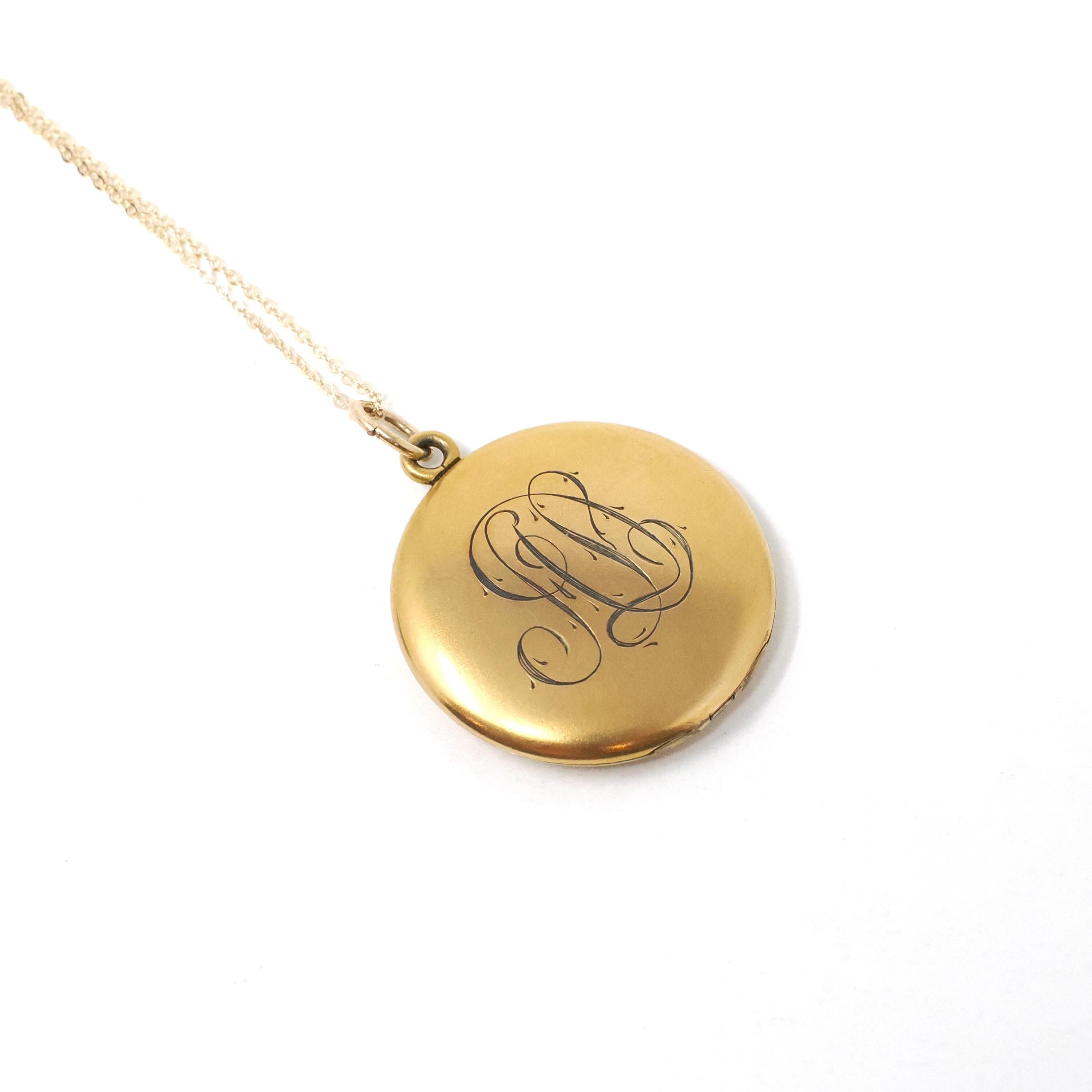 Antique "SR" & "AD" Locket - Edwardian Gold Filled Round Engraved Photo Pendant Necklace - Circa 1900s Two Side Photograph Keepsake Jewelry