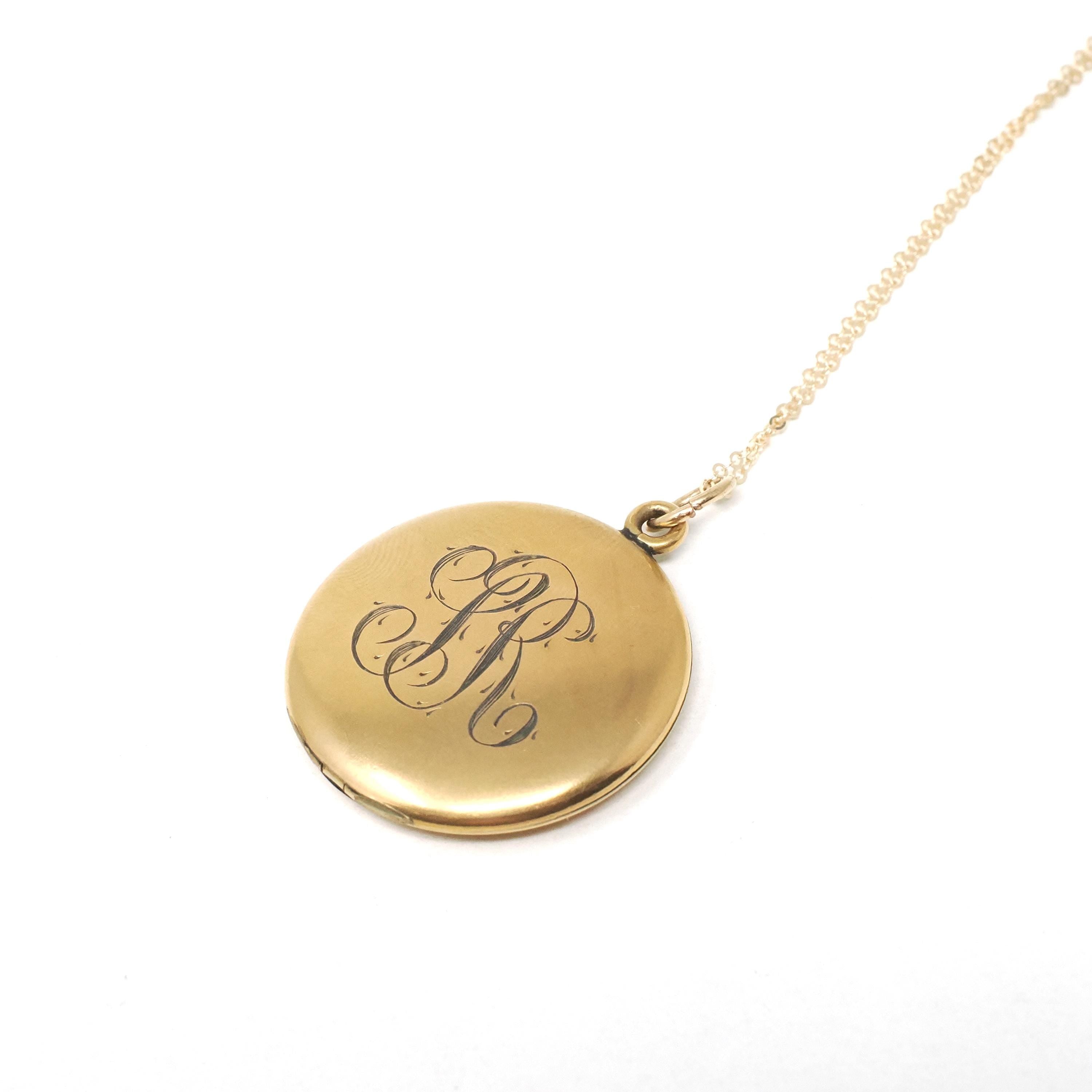 Antique "SR" & "AD" Locket - Edwardian Gold Filled Round Engraved Photo Pendant Necklace - Circa 1900s Two Side Photograph Keepsake Jewelry