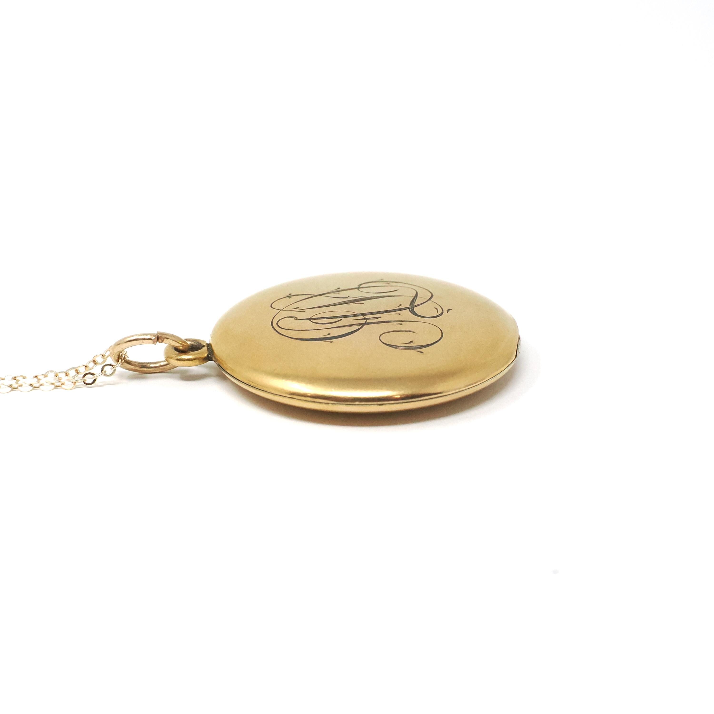 Antique "SR" & "AD" Locket - Edwardian Gold Filled Round Engraved Photo Pendant Necklace - Circa 1900s Two Side Photograph Keepsake Jewelry