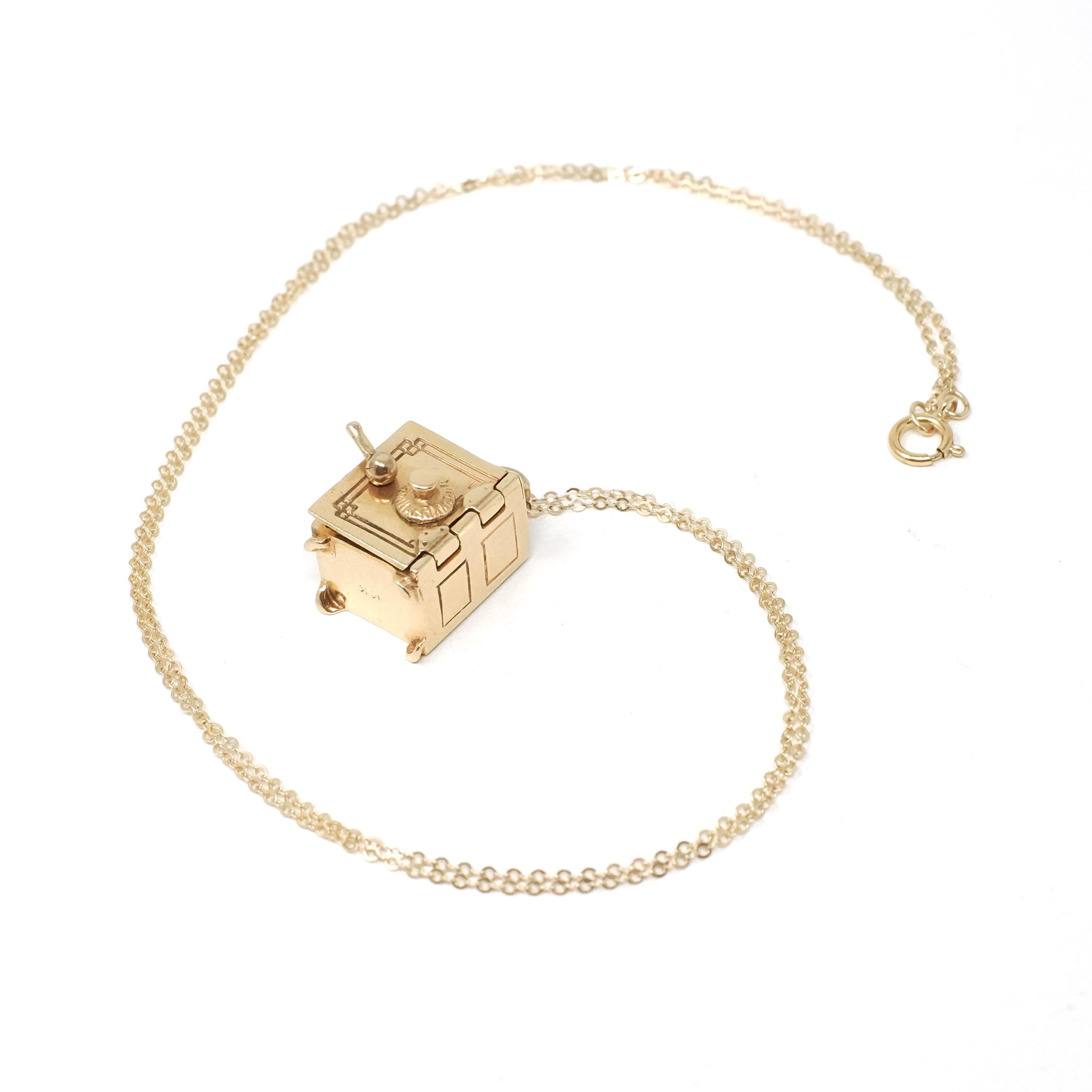 Vintage Money Safe Charm - Mid Century 14k Yellow Gold Vault Pendant Necklace - Circa 1950s Era Dollar Bill Locket Fine Financial Jewelry