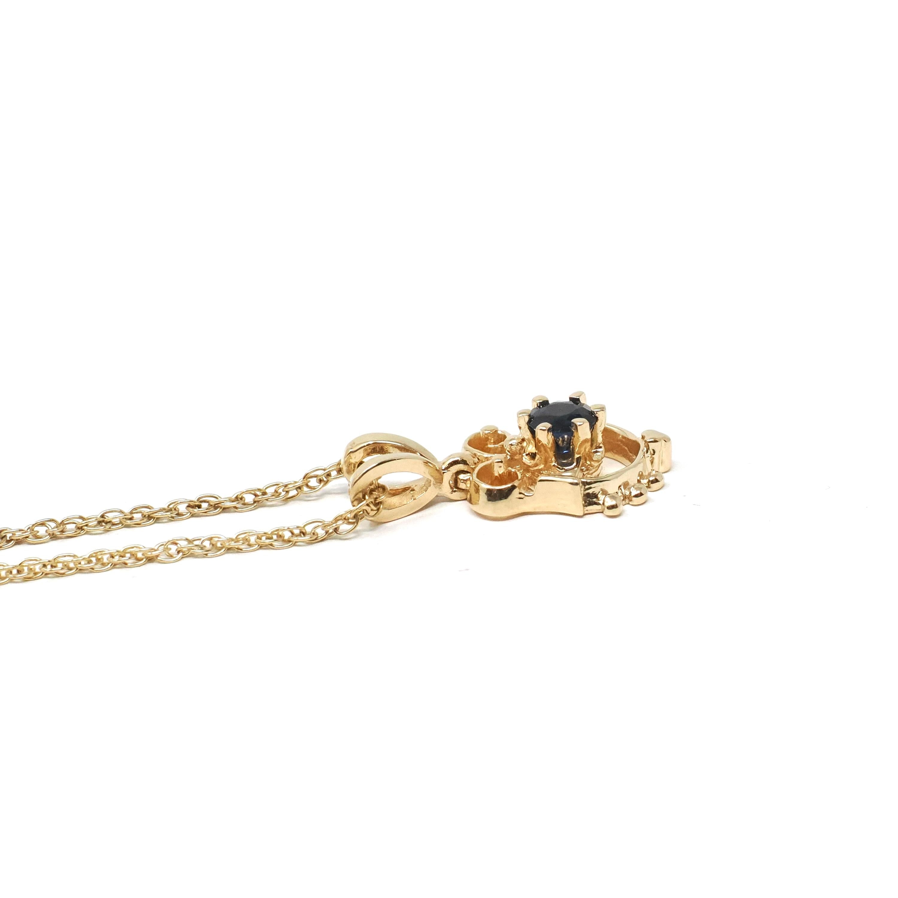 Modern Sapphire Charm - Estate 14k Yellow Gold Natural Blue Gemstone Pendant Necklace - Circa 2000s Era Dainty Open Metal Gem Fine Jewelry