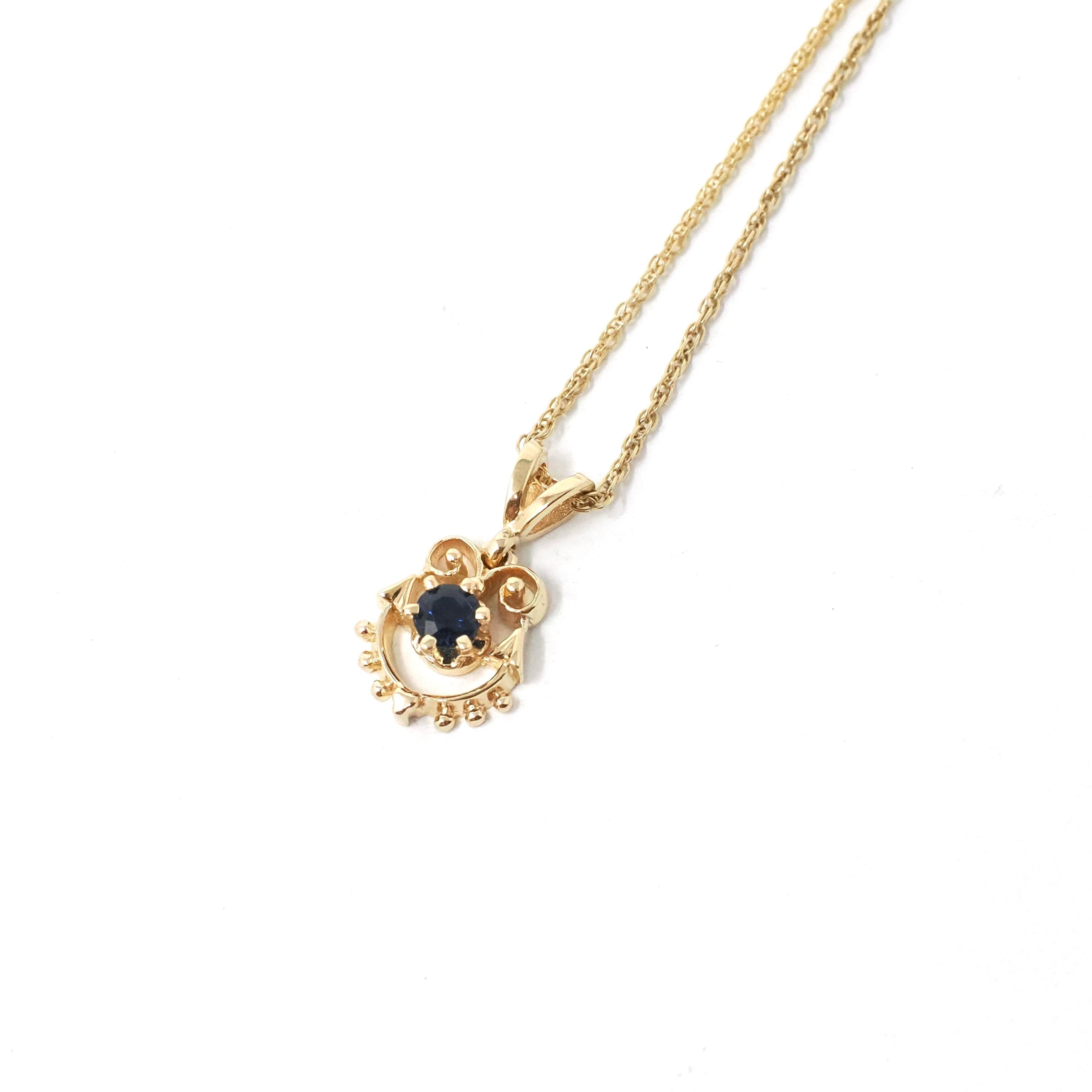 Modern Sapphire Charm - Estate 14k Yellow Gold Natural Blue Gemstone Pendant Necklace - Circa 2000s Era Dainty Open Metal Gem Fine Jewelry
