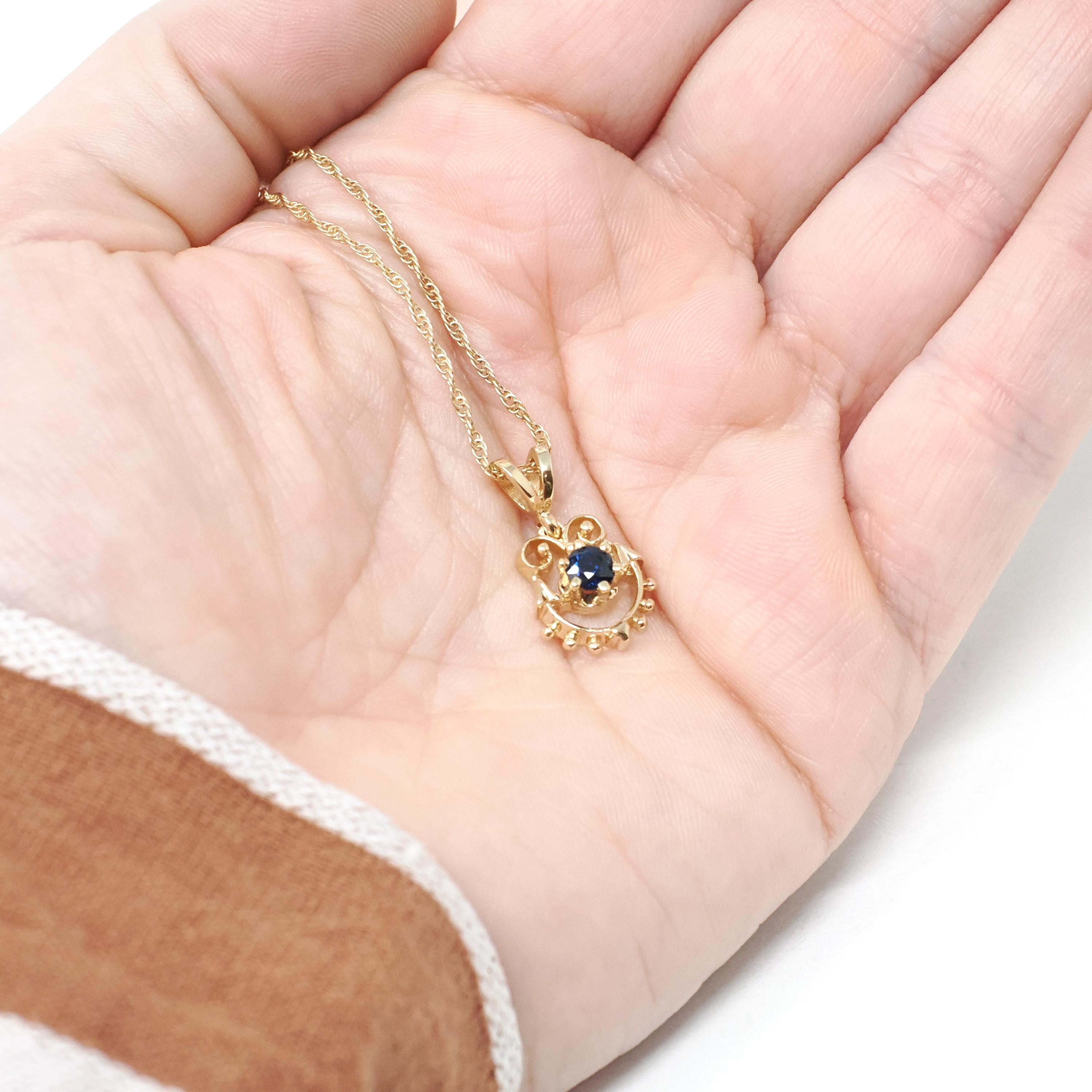 Modern Sapphire Charm - Estate 14k Yellow Gold Natural Blue Gemstone Pendant Necklace - Circa 2000s Era Dainty Open Metal Gem Fine Jewelry