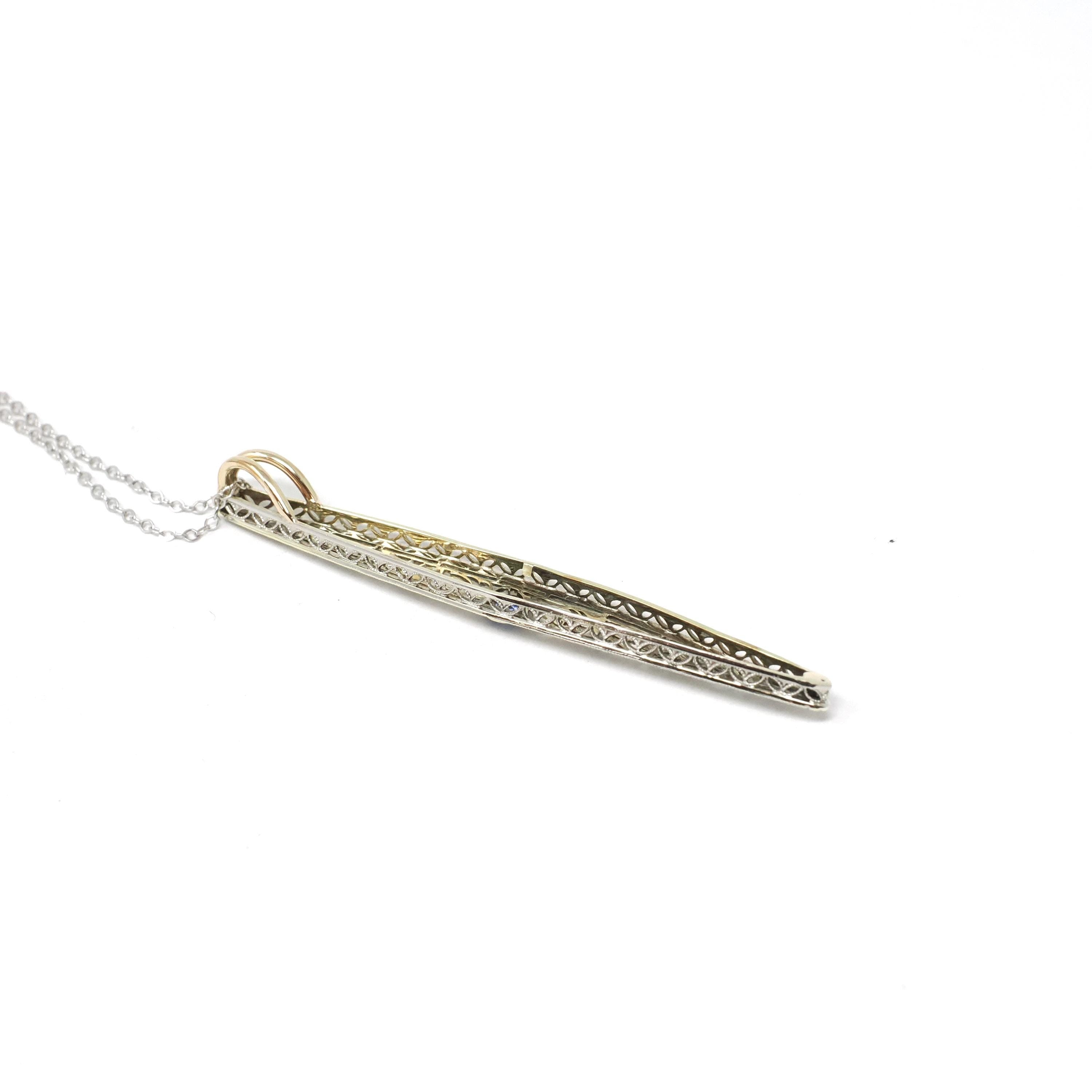 Antique Sapphire Pendant - Edwardian Platinum 14k Yellow Gold Natural Sapphire Filigree Brooch Conversion - Vintage Circa 1910s Fine Jewelry