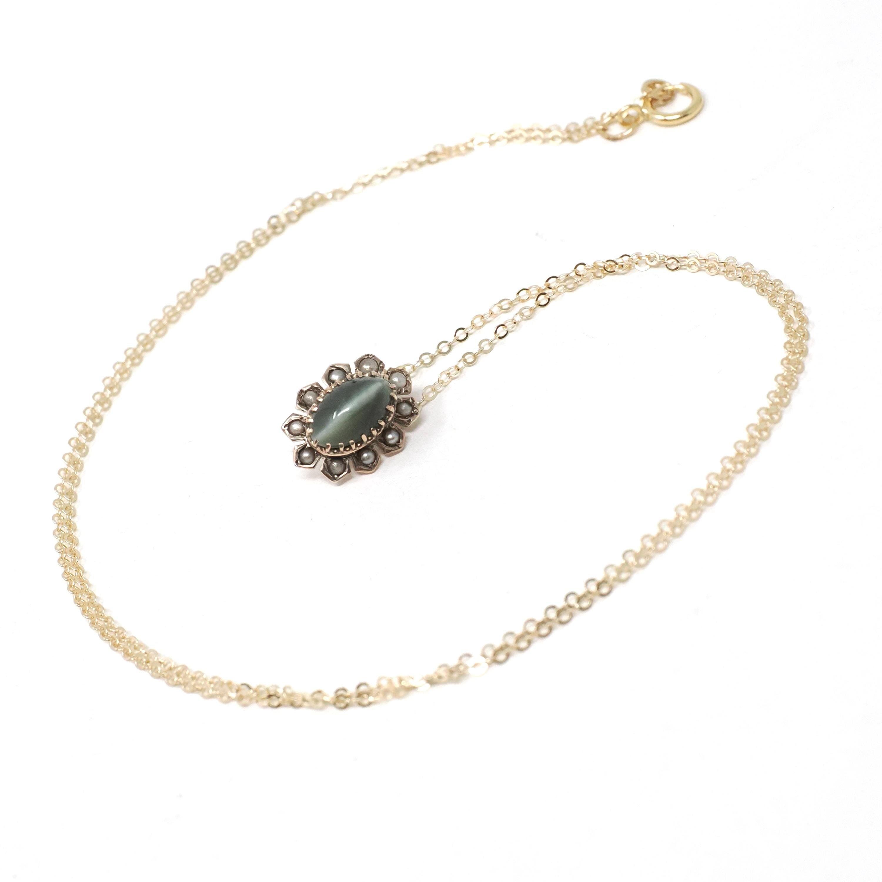 Victorian Hawk's Eye Pendant - Antique 10k Yellow Gold Quartz Seed Pearl Halo Stick Pin Conversion Charm Necklace - Circa 1890s Fine Jewelry
