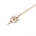 Antique Peridot Lavalier - Edwardian Era 9k Yellow Gold Natural Green Gemstone Pendant Necklace - Circa 1900s Leaf Flower Charm Fine Jewelry