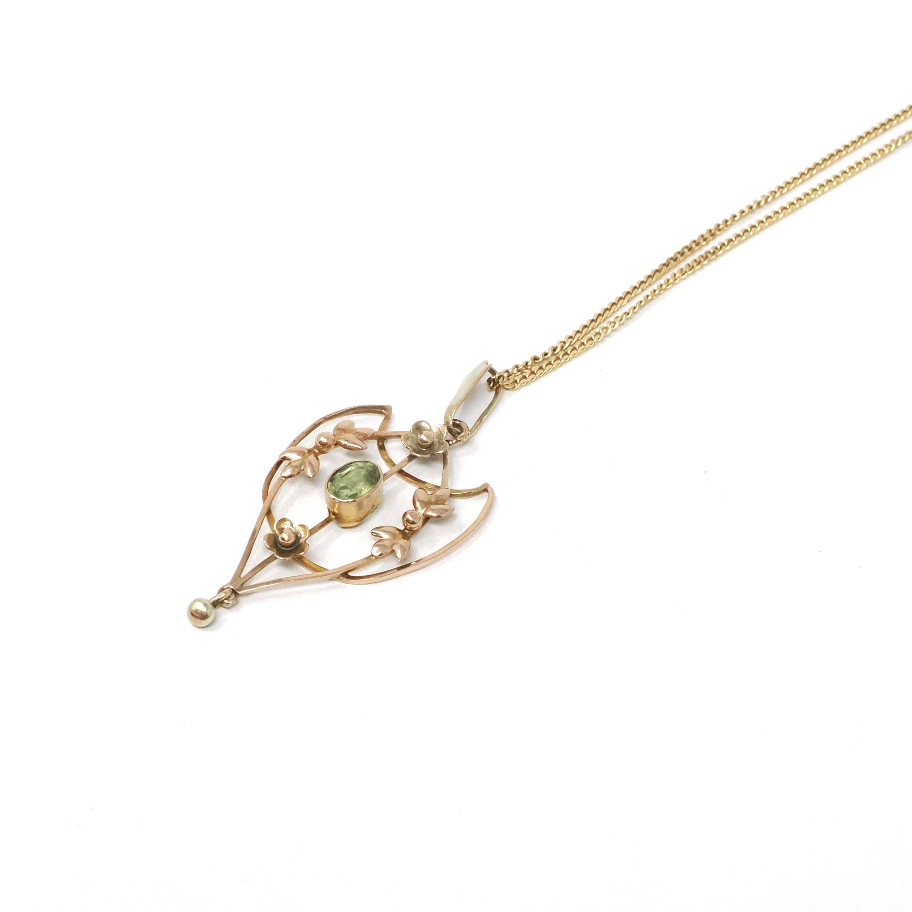 Antique Peridot Lavalier - Edwardian Era 9k Yellow Gold Natural Green Gemstone Pendant Necklace - Circa 1900s Leaf Flower Charm Fine Jewelry