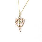 Antique Peridot Lavalier - Edwardian Era 9k Yellow Gold Natural Green Gemstone Pendant Necklace - Circa 1900s Leaf Flower Charm Fine Jewelry