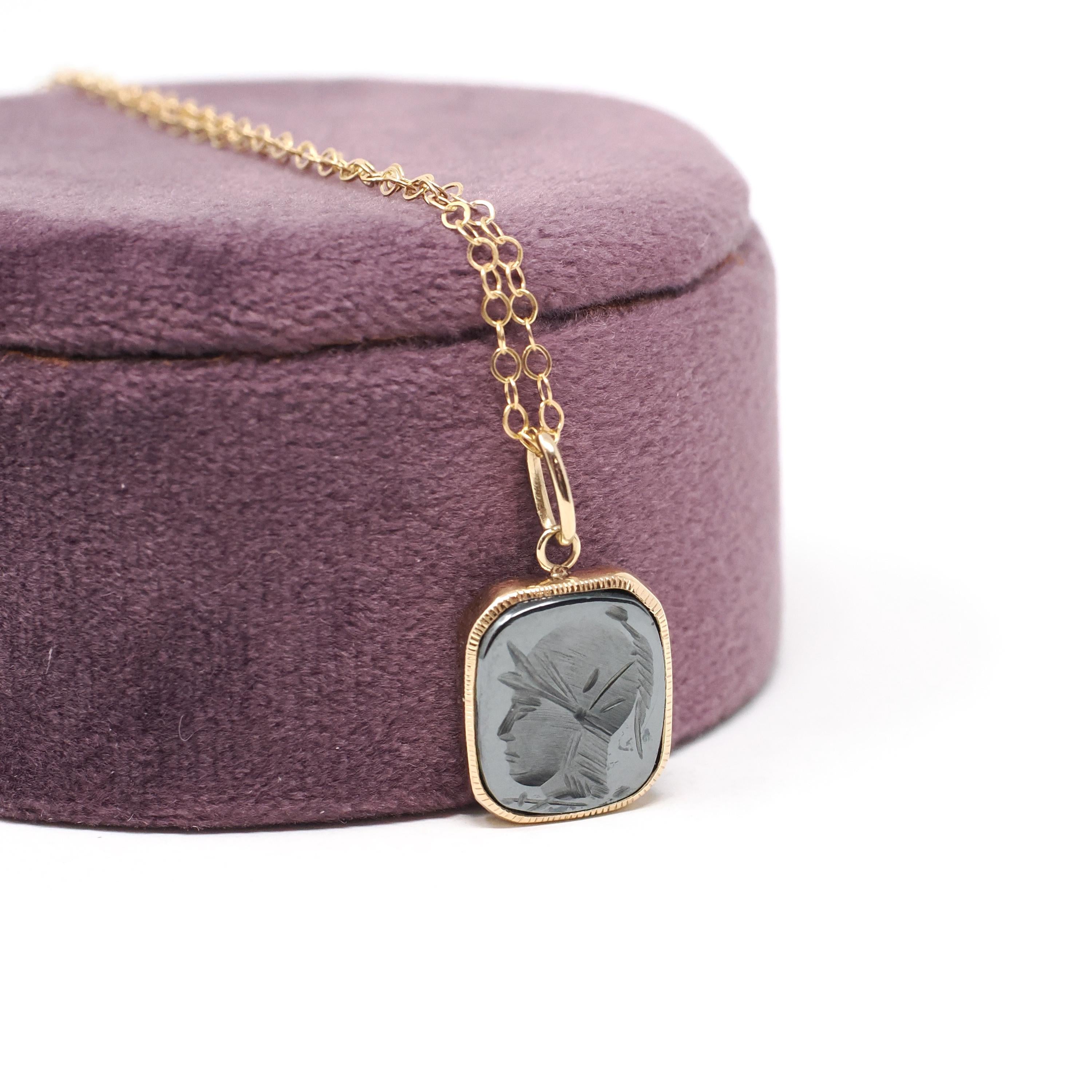 Intaglio Conversion Pendant - Modern 14k Yellow Gold Bezel Charm Carved Natural Hematite Gem Necklace - Circa 2000s Era Warrior Fob Jewelry