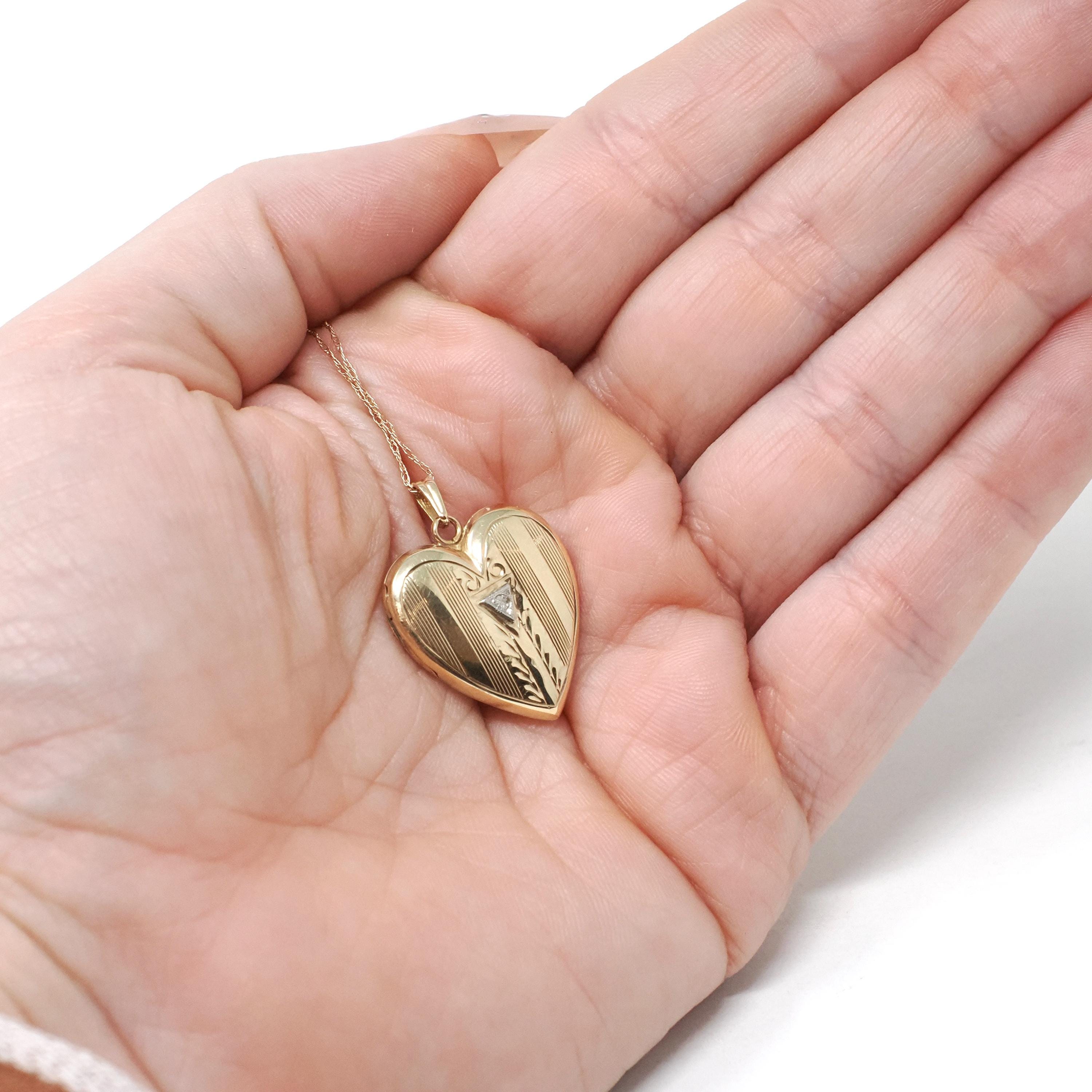 Vintage Heart Locket - Retro 10k Yellow & White Gold Geometric Charm Pendant Necklace - Circa 1940s Era Keepsake Fine Diamond Accent Jewelry