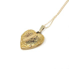 Vintage Heart Locket - Mid Century Era Gold Filled Ribbon & Flower Engraved Designs Pendant - Circa 1940s Era Photograph Keepsake Jewelry