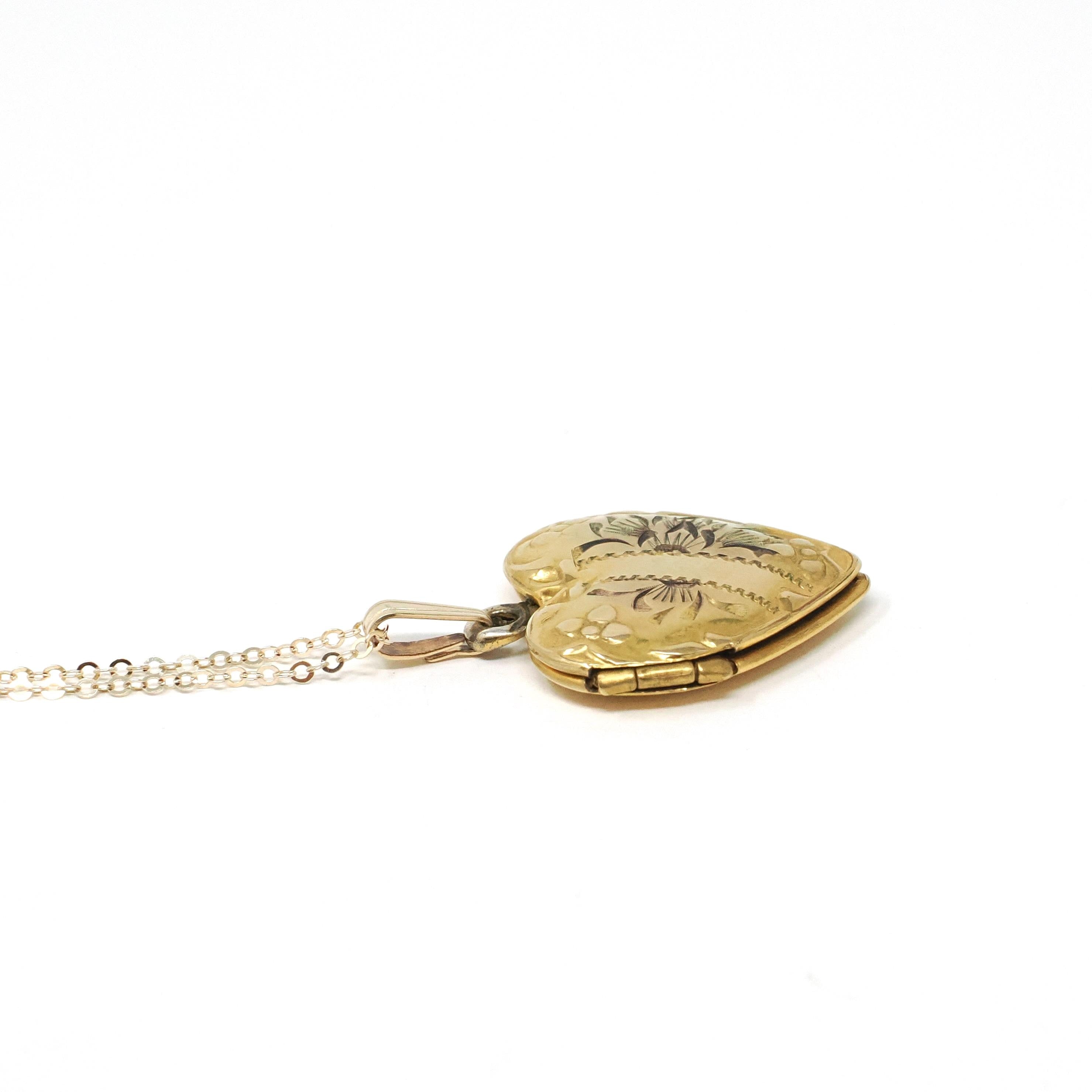 Vintage Heart Locket - Mid Century Era Gold Filled Ribbon & Flower Engraved Designs Pendant - Circa 1940s Era Photograph Keepsake Jewelry