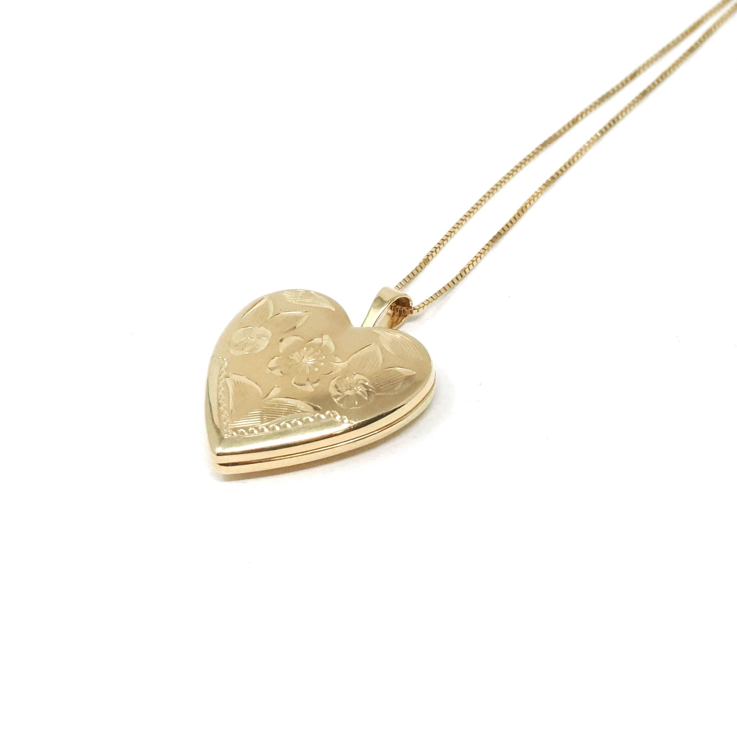 Vintage Heart Locket - Retro 14k Yellow Gold Floral Engraved Charm Pendant Necklace - Circa 1970s Keepsake Fine Photo Memorabilia Jewelry