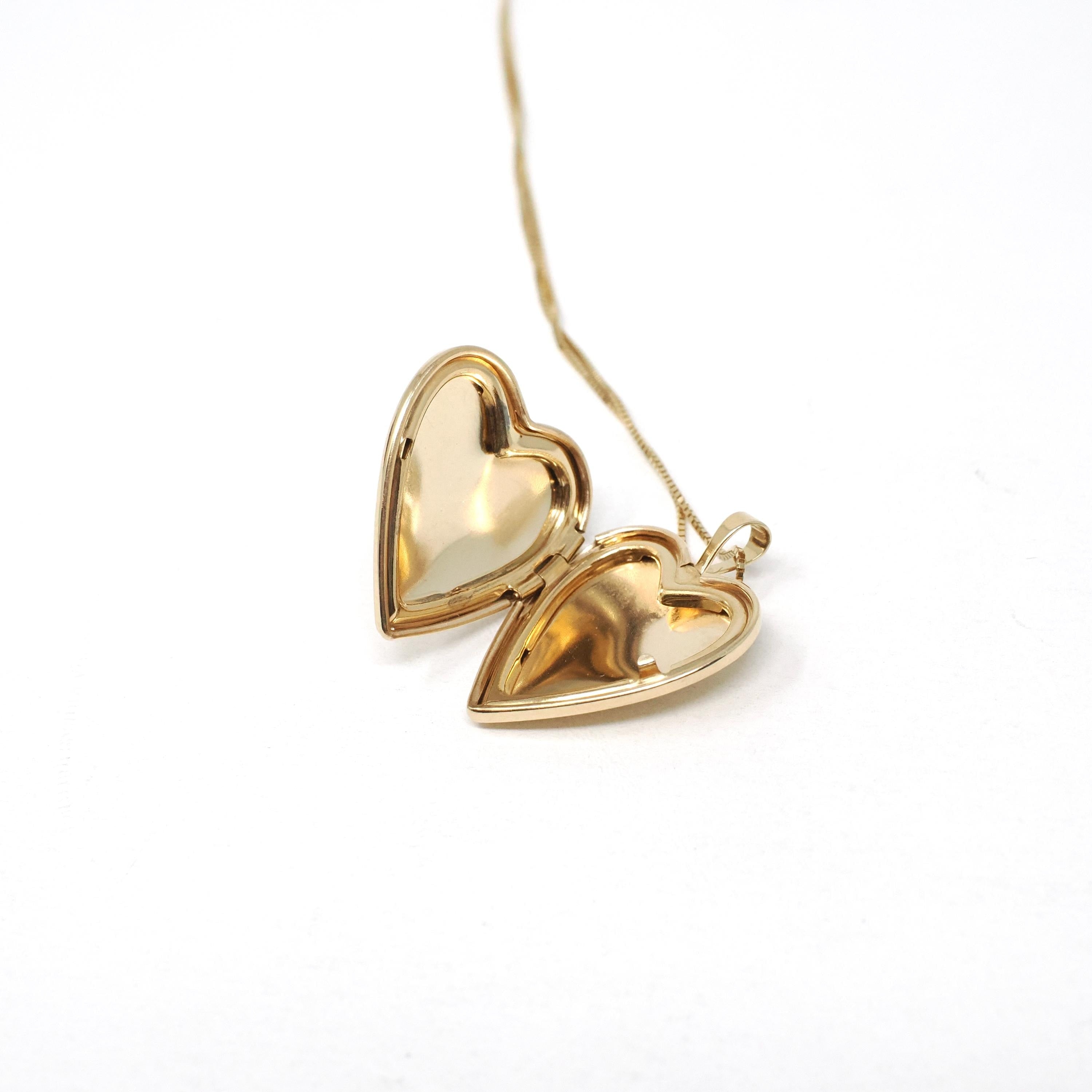 Vintage Heart Locket - Retro 14k Yellow Gold Floral Engraved Charm Pendant Necklace - Circa 1970s Keepsake Fine Photo Memorabilia Jewelry