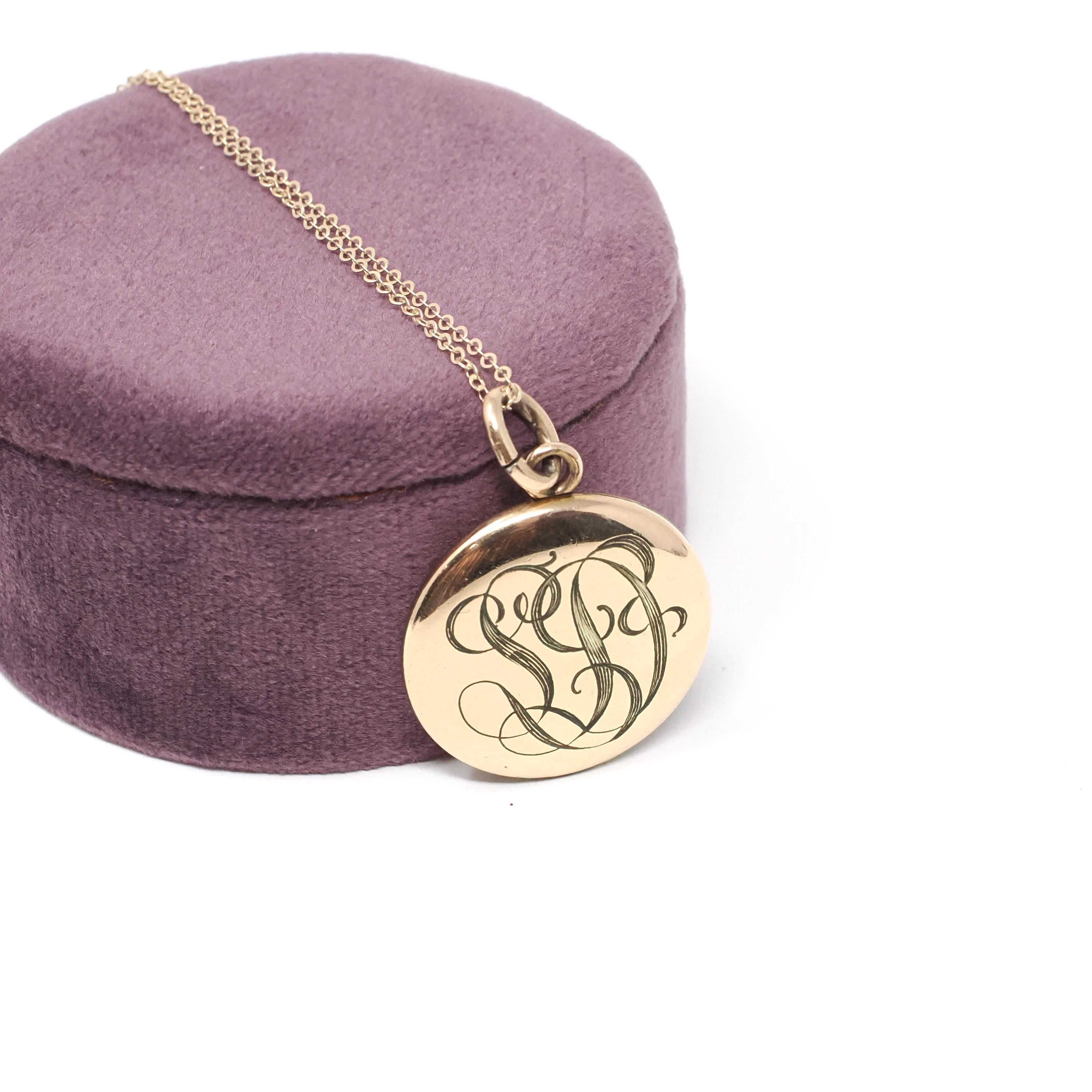 Antique "SD" Locket - Edwardian Gold Filled Round Engraved Photo Pendant Necklace - Antique 1900s Photograph Monogrammed Keepsake Jewelry