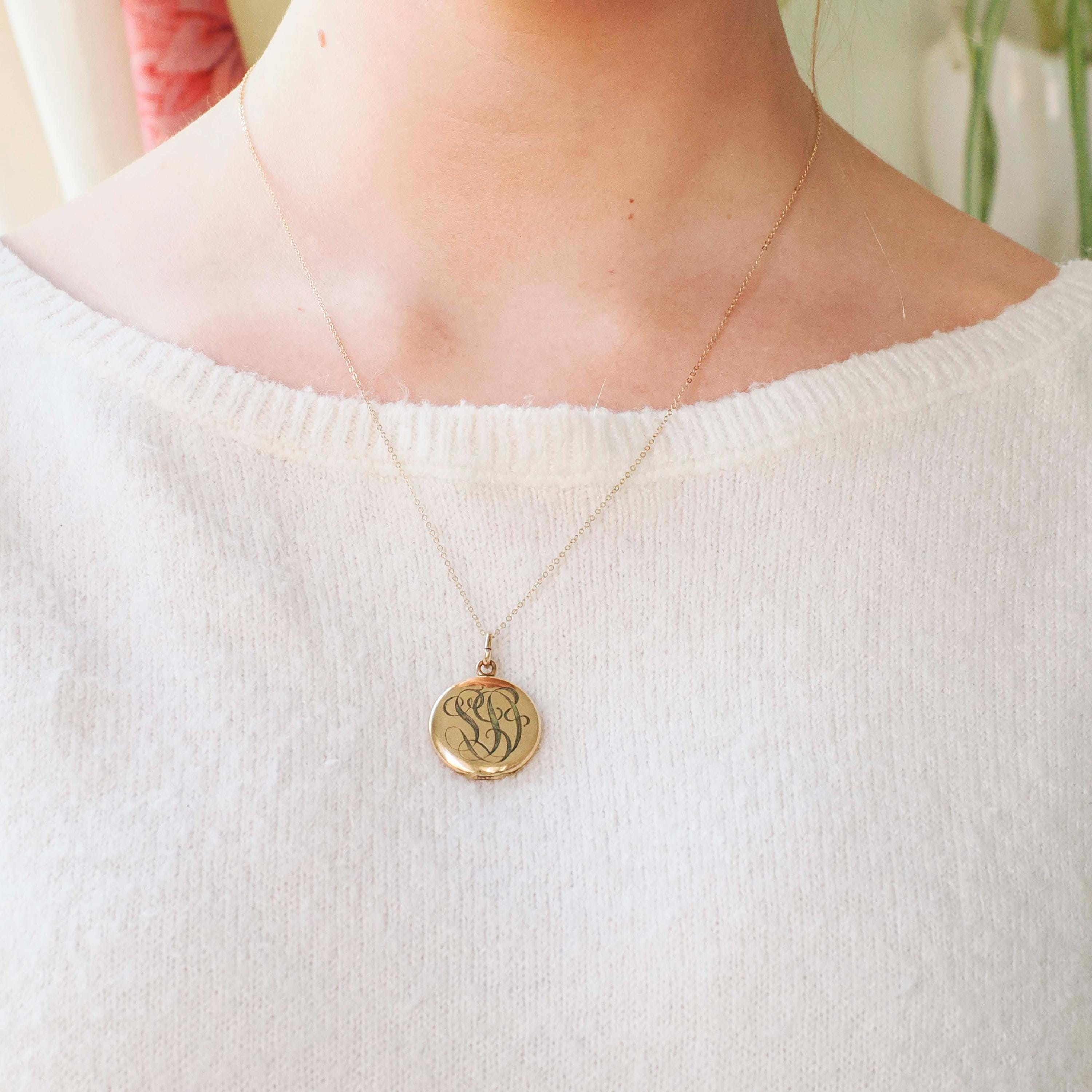 Antique "SD" Locket - Edwardian Gold Filled Round Engraved Photo Pendant Necklace - Antique 1900s Photograph Monogrammed Keepsake Jewelry
