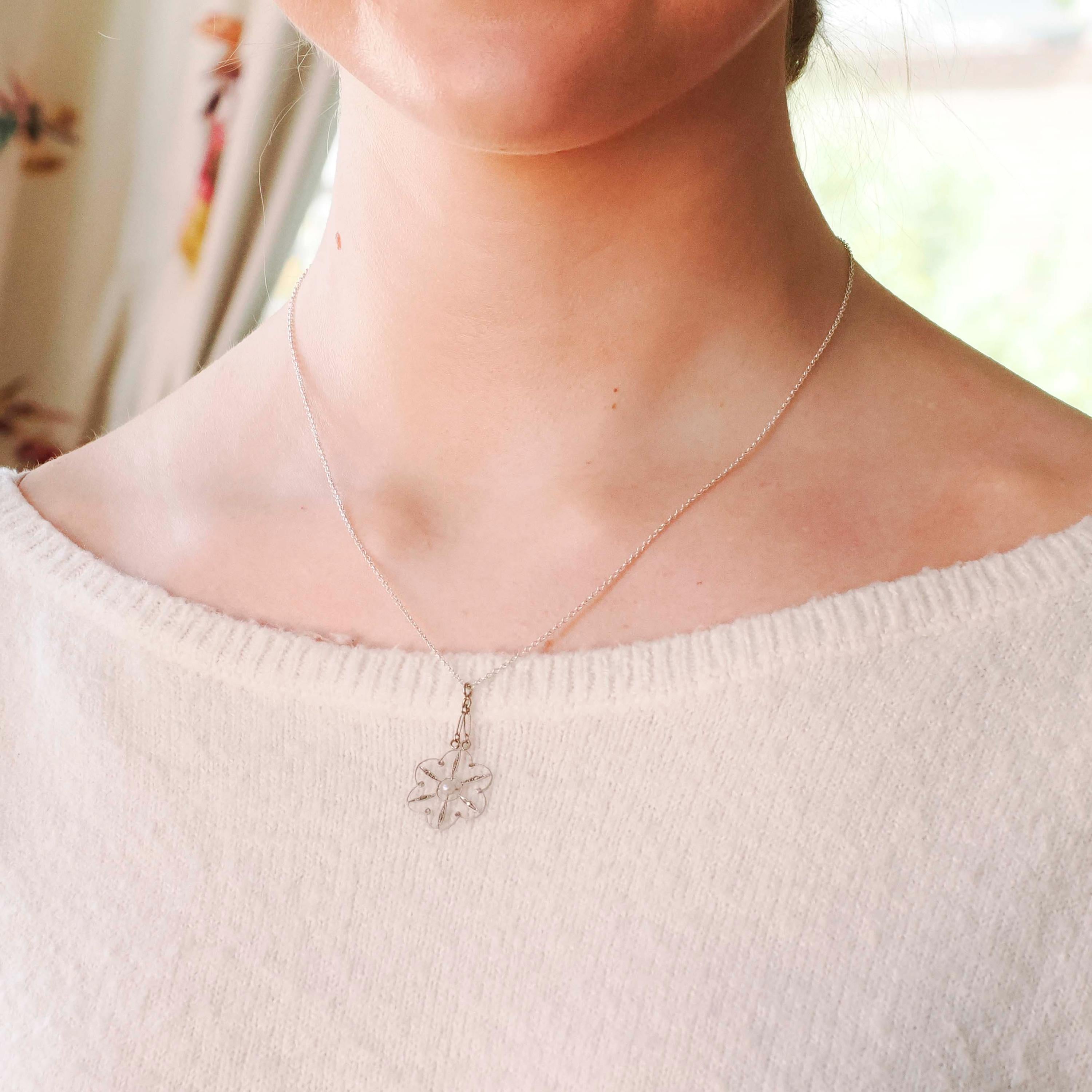 Antique Flower Pendant - Edwardian Era Platinum 10k White Gold Figural Floral Lavalier - Circa 1900s Pearl Diamond Converted Fine Jewelry
