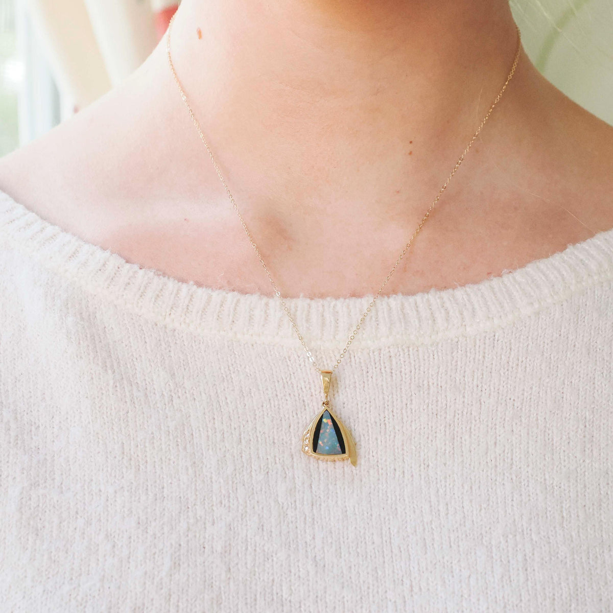 Opal Doublet Pendant Necklace - Modern 14k Yellow Gold Play Of Color Gem Onyx Inlay Diamond Accents - Circa 2000s Era Modernist Fine Jewelry