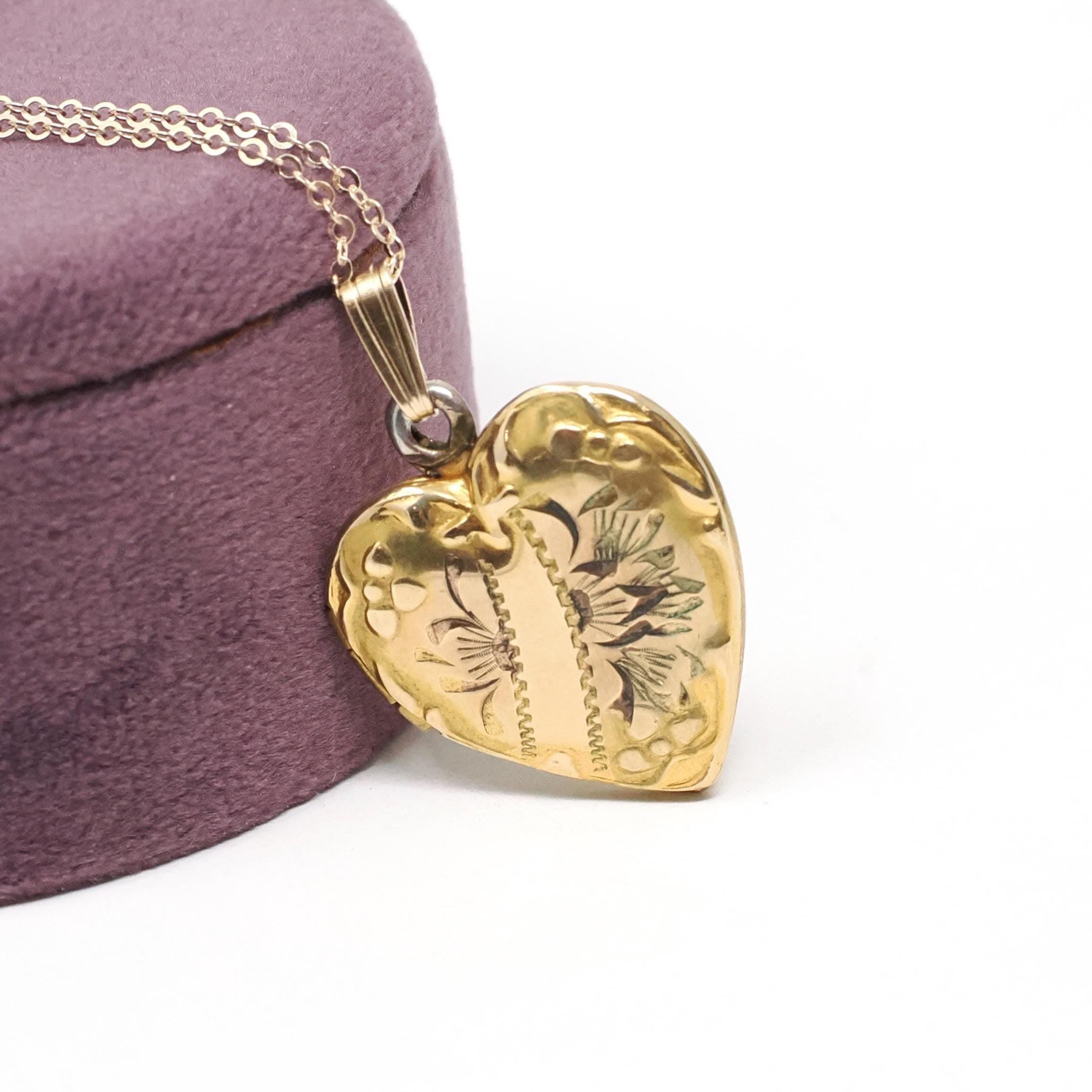 Vintage Heart Locket - Mid Century Era Gold Filled Ribbon & Flower Engraved Designs Pendant - Circa 1940s Era Photograph Keepsake Jewelry