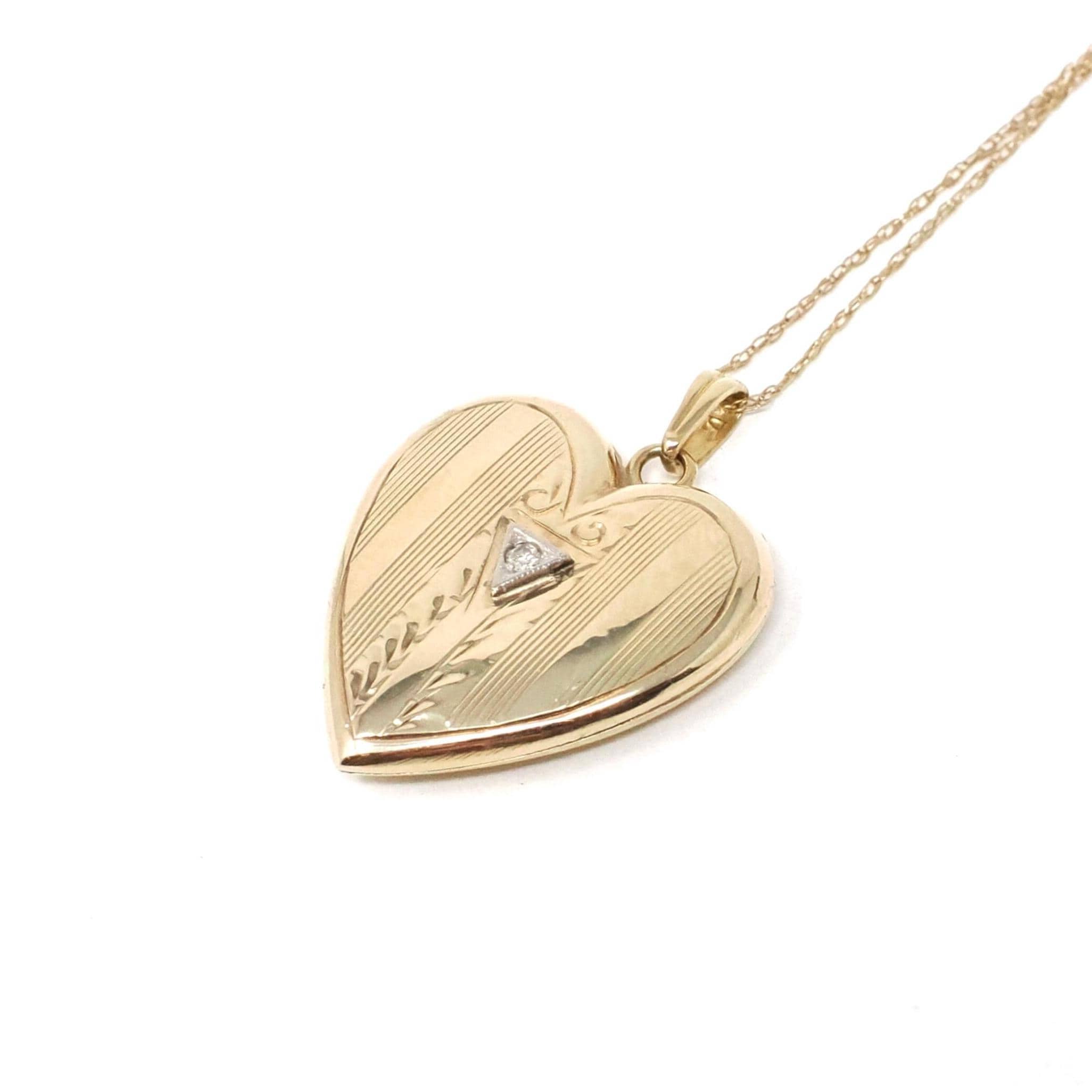 Vintage Heart Locket - Retro 10k Yellow & White Gold Geometric Charm Pendant Necklace - Circa 1940s Era Keepsake Fine Diamond Accent Jewelry