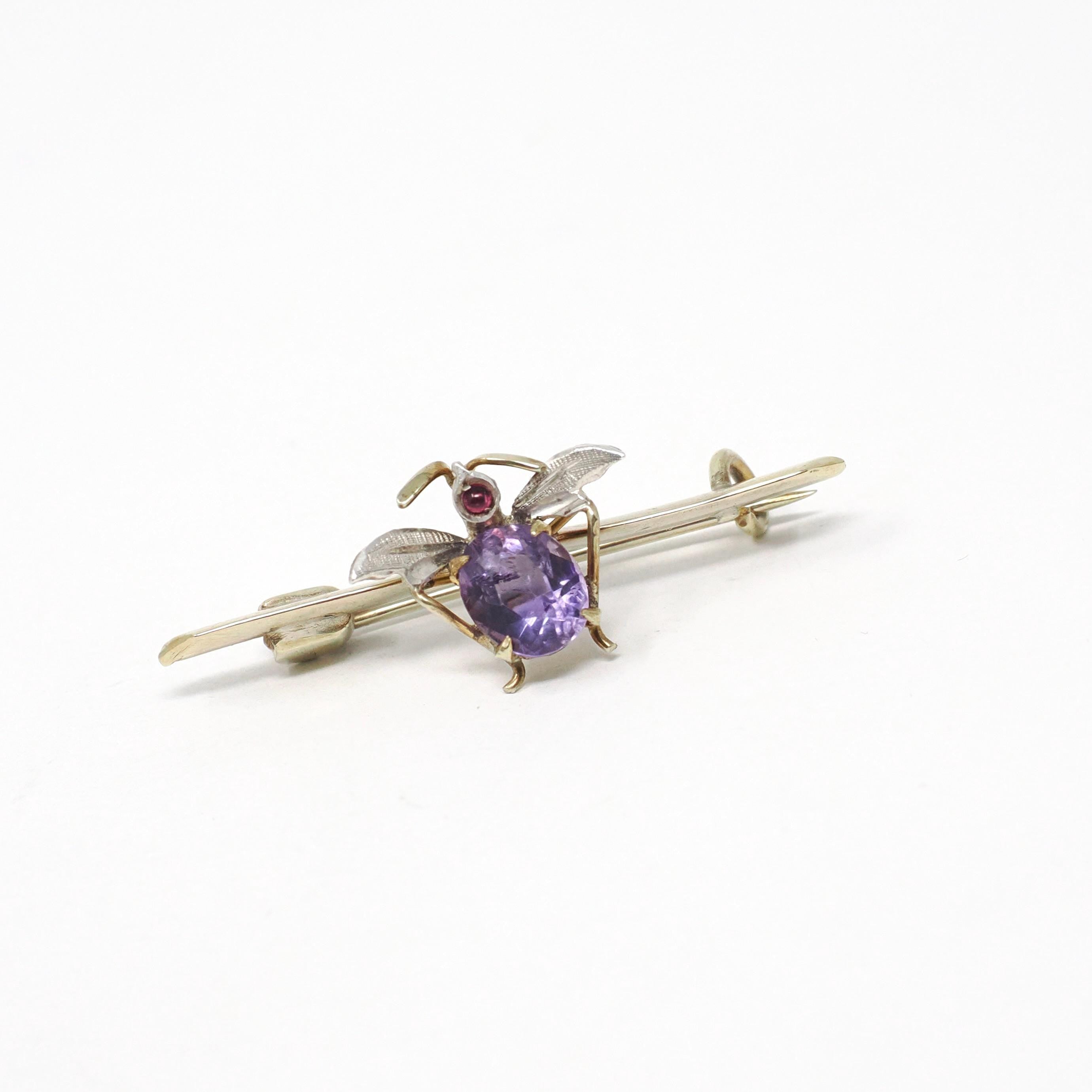 Antique Bug Brooch - Victorian 10k Yellow Gold Sterling Silver Flying Fairy Bird Bar Pin - Vintage Circa 1890s Purple Amethyst Fine Jewelry