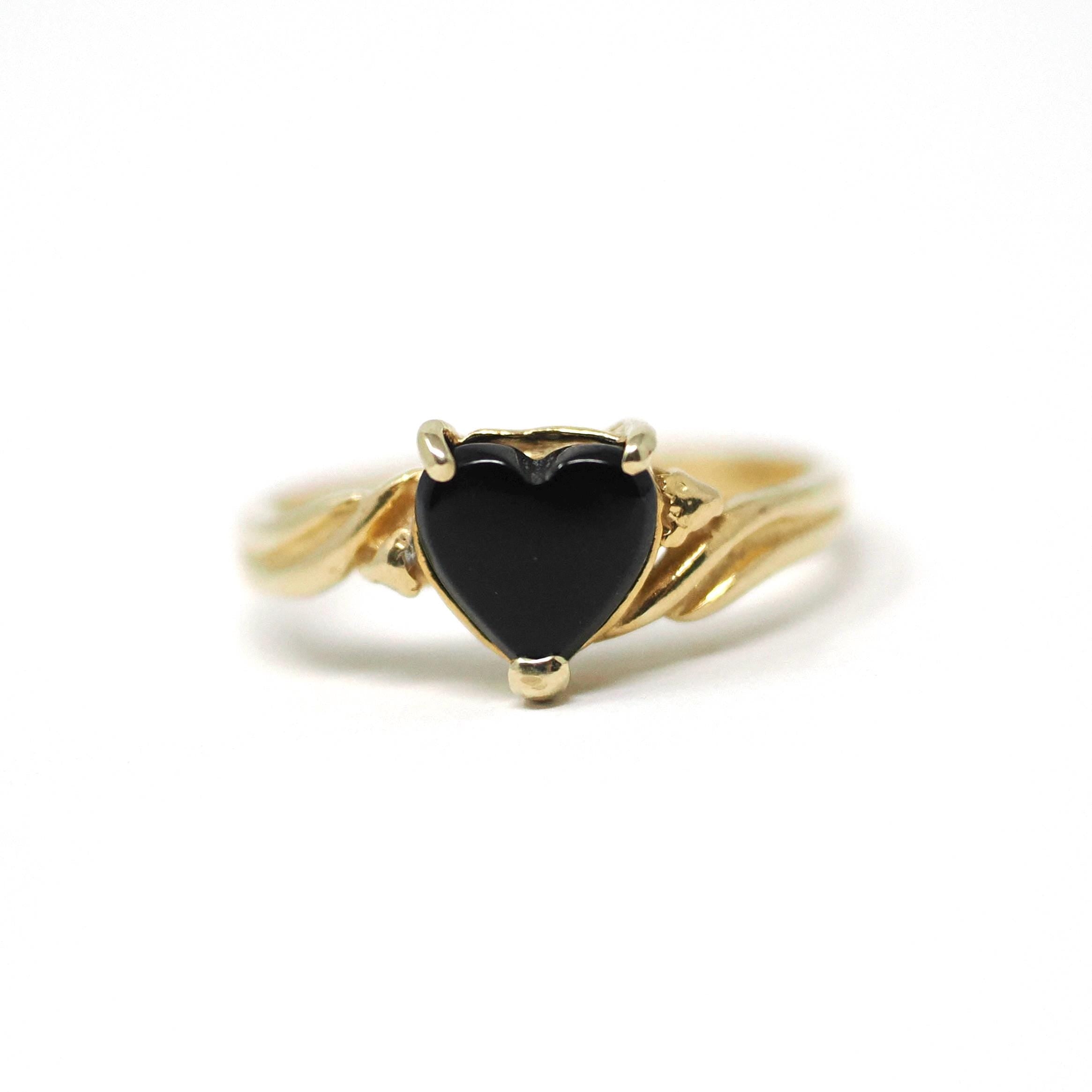 Vintage Onyx Heart Ring - Modern 14k Yellow Gold Natural Black Chalcedony Gemstone Bypass Solitaire - Circa 1990s Size 6 1/2 Fine Jewelry