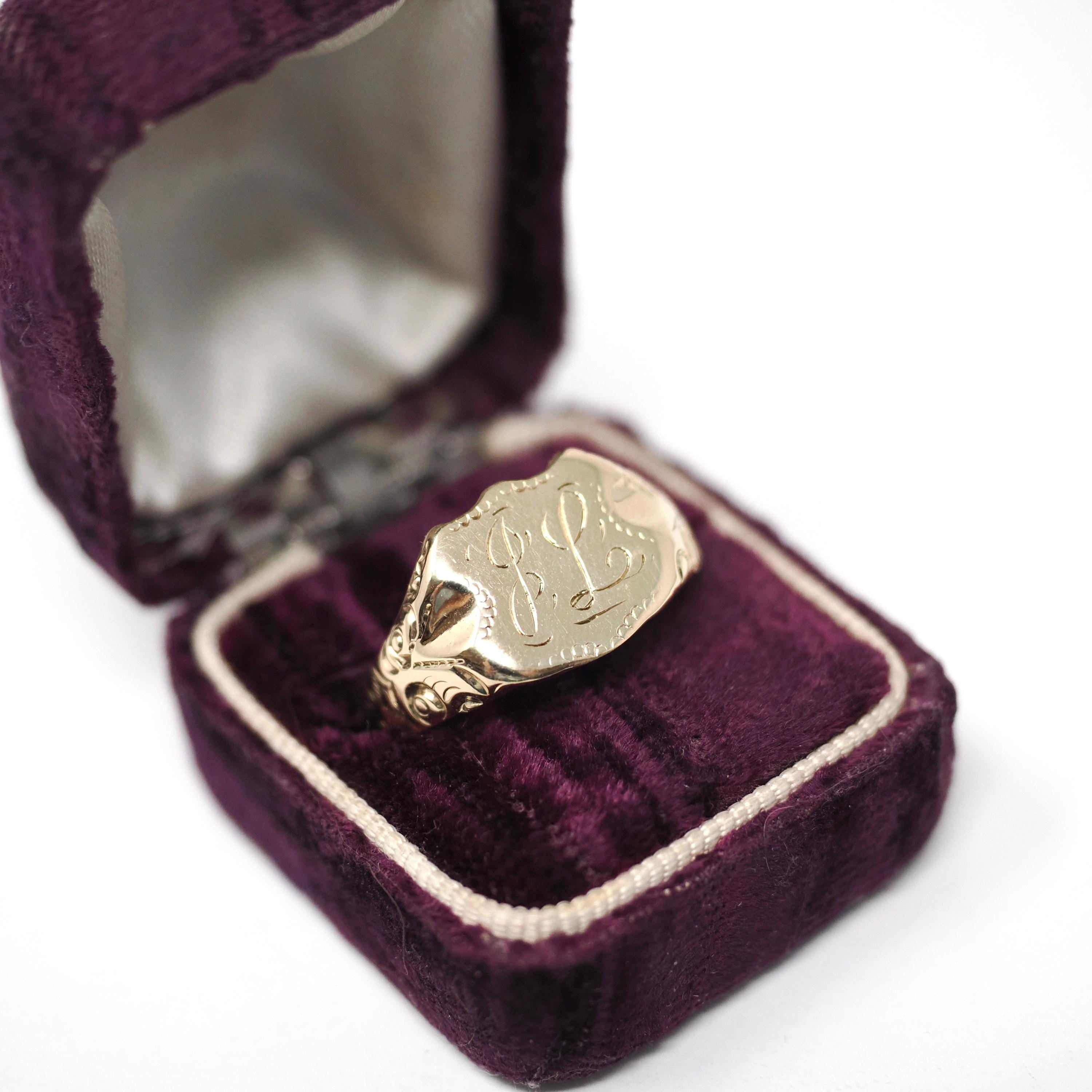 Antique "JL" Signet Ring - Edwardian Era 14k Yellow Gold Script Shield Men's Unisex Statement - Vintage Early 1900s Era Size 12 Fine Jewelry