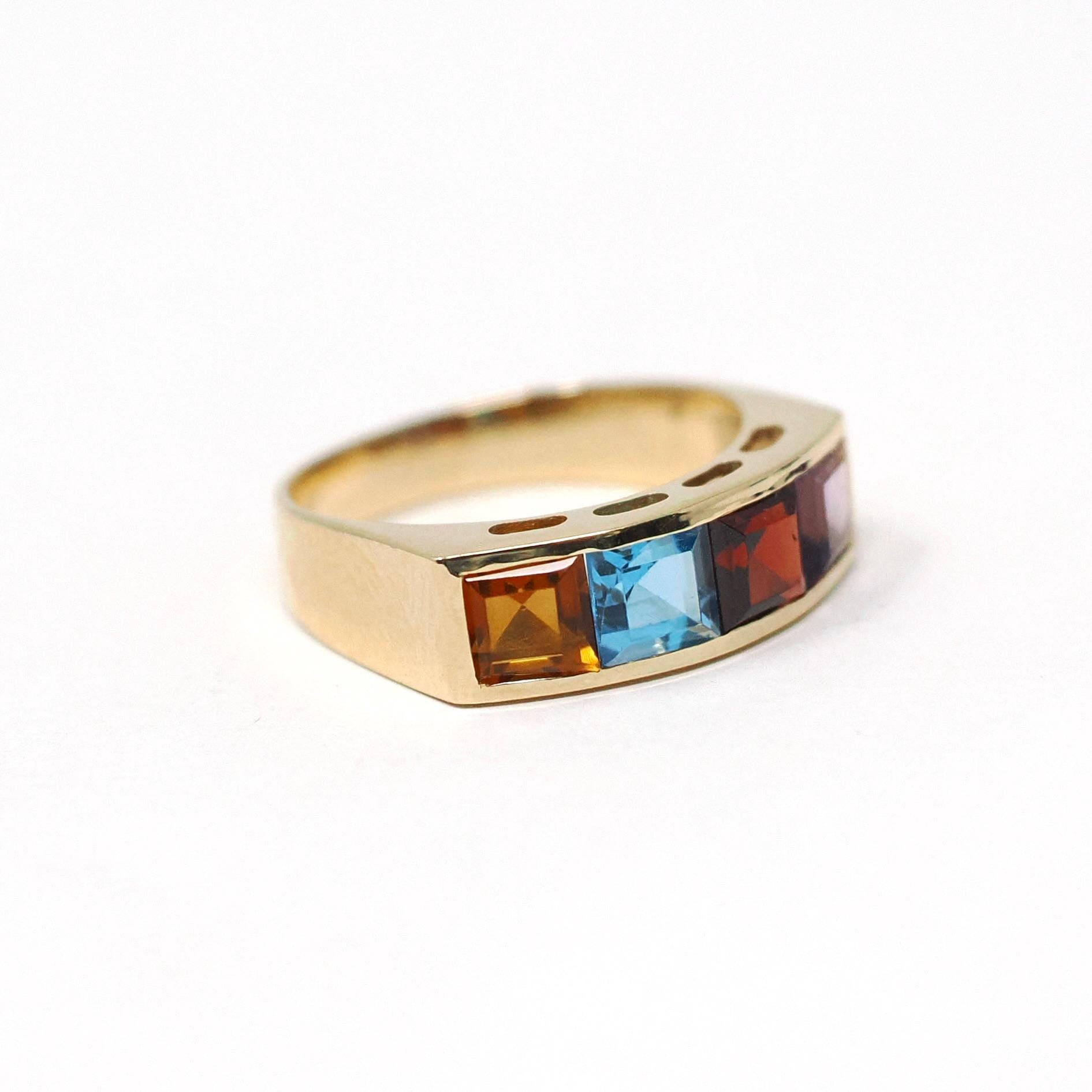 Multi Gemstone Ring - Modern 14k Yellow Gold Natural Citrine Blue Topaz Garnet Amethyst - Estate Circa 2000's Era Size 7 3/4 Fine Jewelry