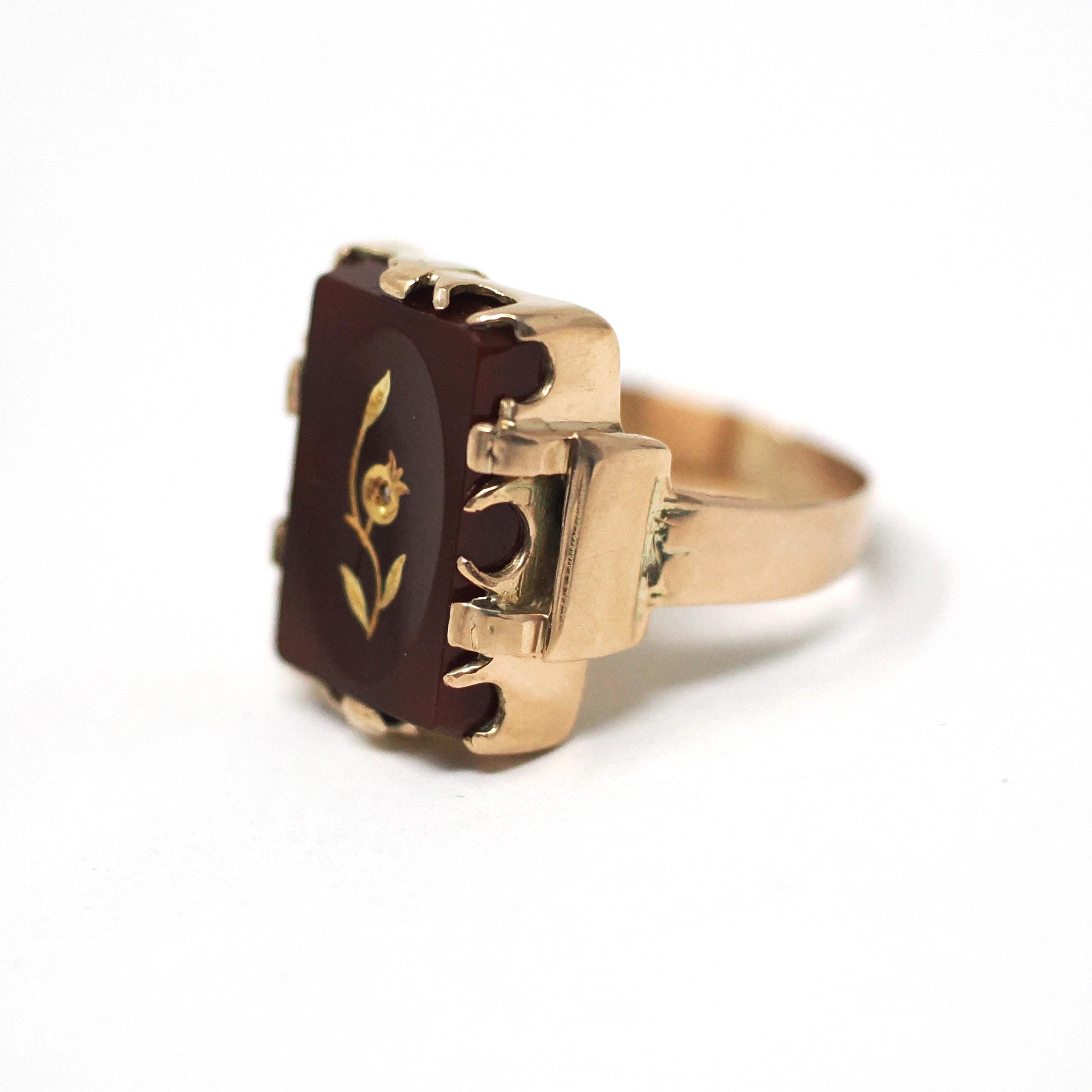 Rose of Sharon Ring - Victorian 14k Rose Gold Natural Sard Dark Red Gem - Antique Circa 1880s Size 6 1/2 Diamond Flower Fine Symbol Jewelry