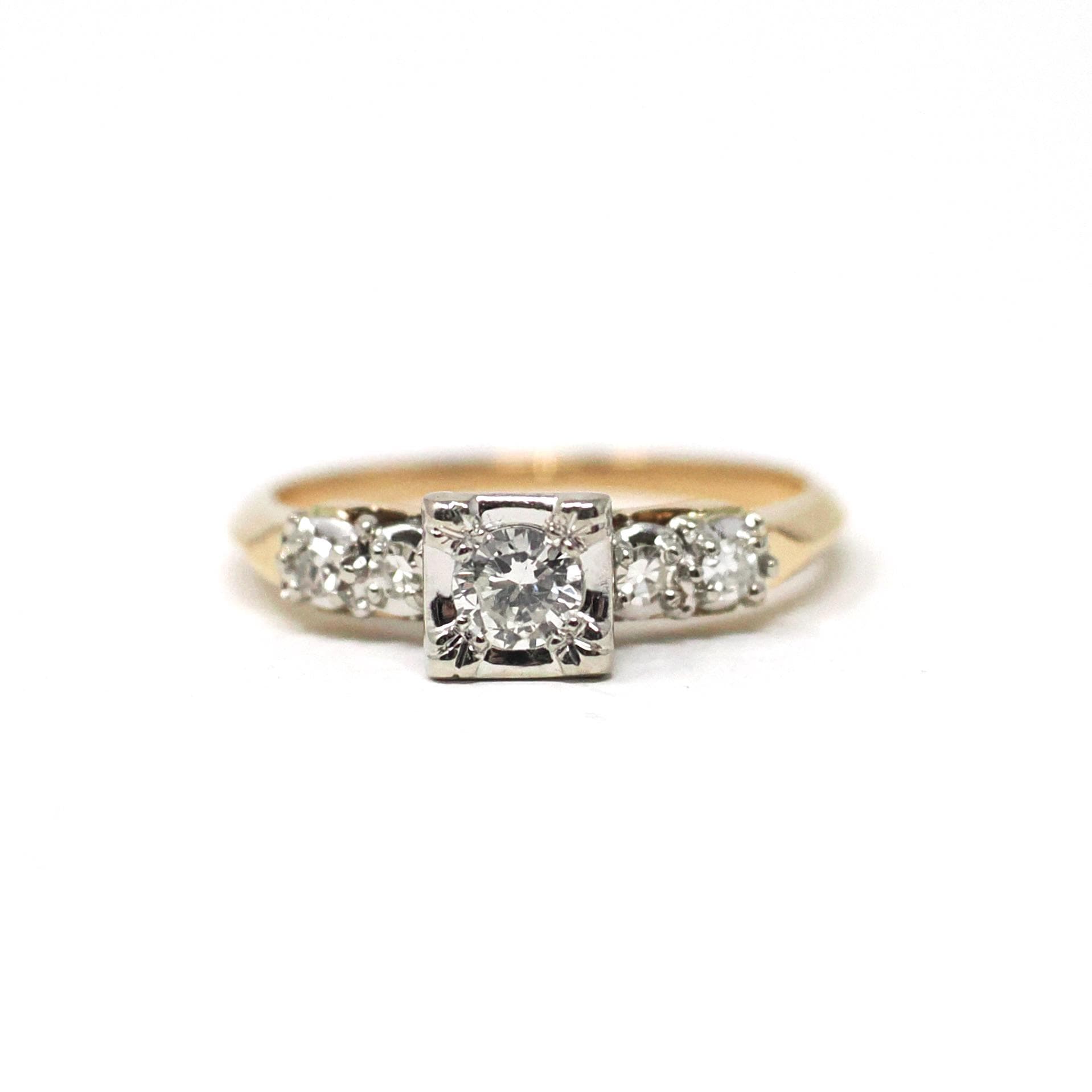 Vintage Engagement Ring - Mid Century 14k Yellow & White Gold Natural Diamond Illusion - Circa 1950s Size 6 1/4 Fine Two Tone Bridal Jewelry