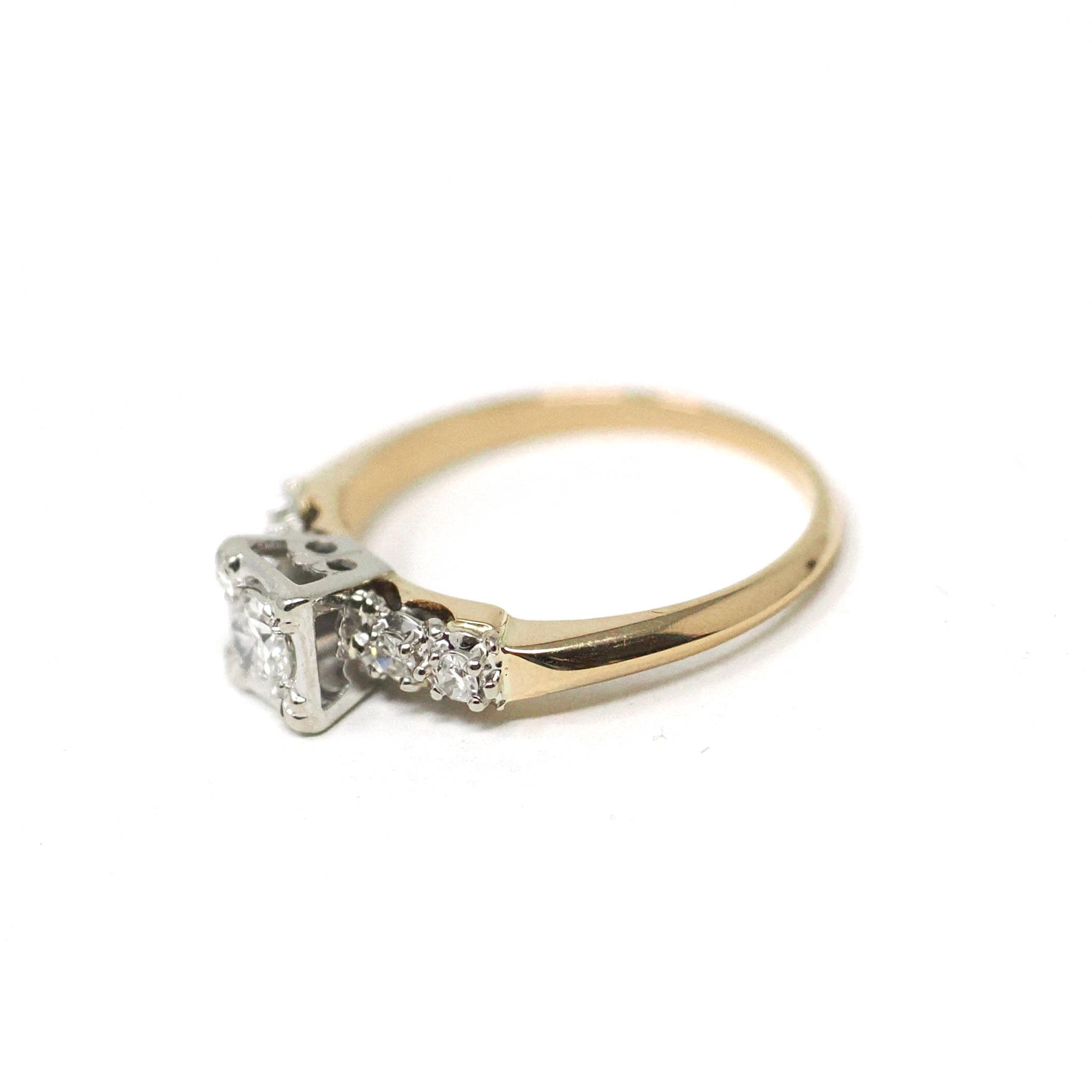 Vintage Engagement Ring - Mid Century 14k Yellow & White Gold Natural Diamond Illusion - Circa 1950s Size 6 1/4 Fine Two Tone Bridal Jewelry