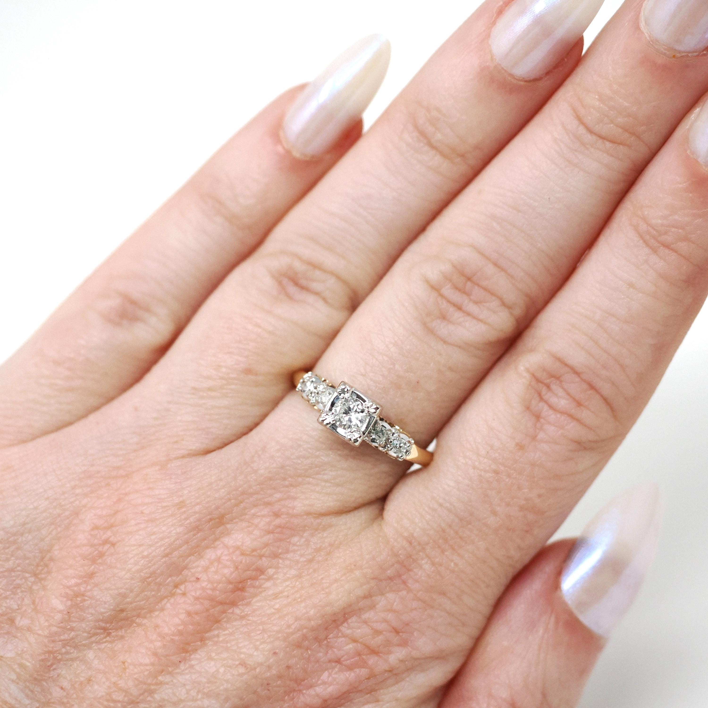 Vintage Engagement Ring - Mid Century 14k Yellow & White Gold Natural Diamond Illusion - Circa 1950s Size 6 1/4 Fine Two Tone Bridal Jewelry
