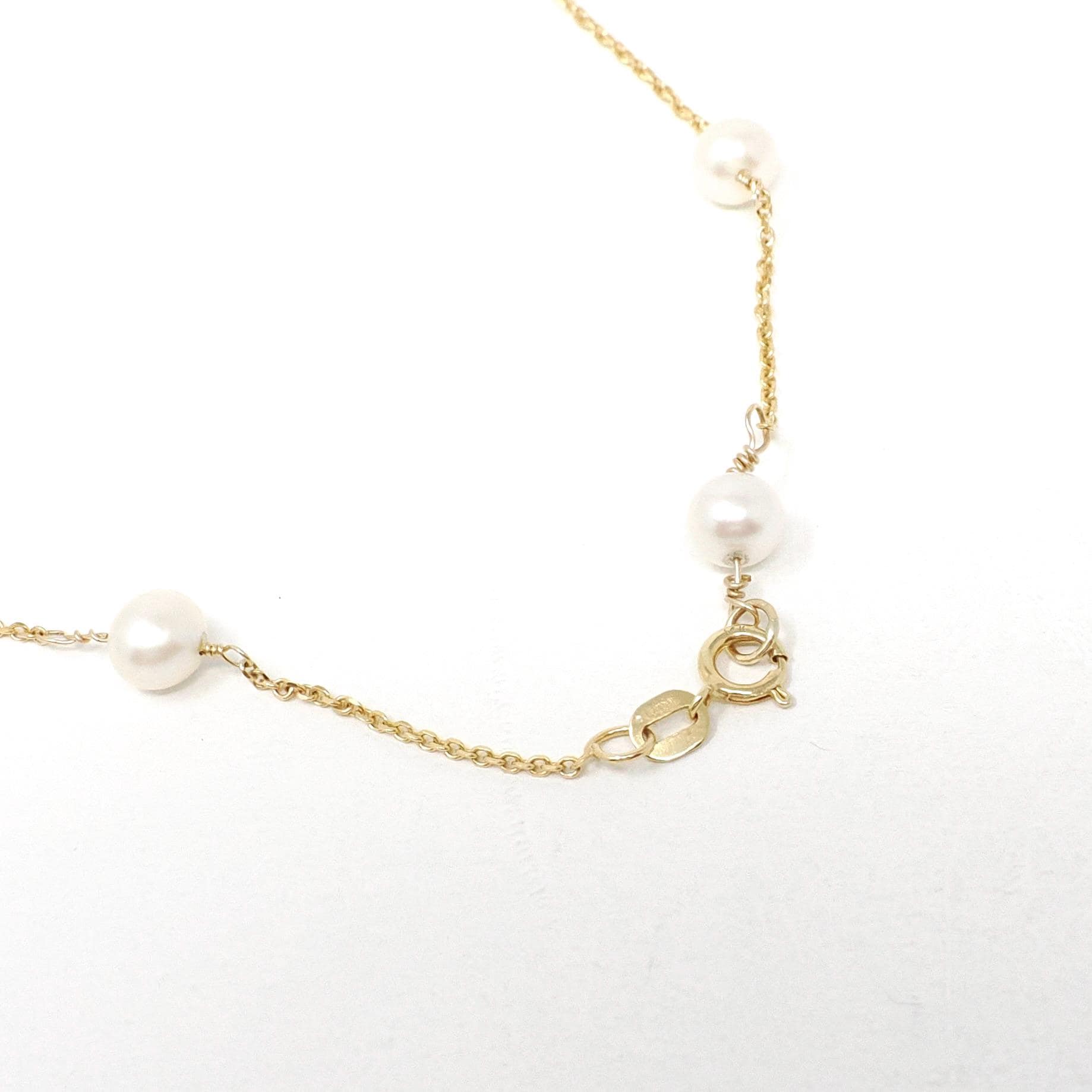Cultured Pearl Station Necklace - Modern 14k Yellow Gold Stationary Dainty Cable Link Chain - Estate Circa 2000s Era 15 1/2 Fine Y2K Jewelry